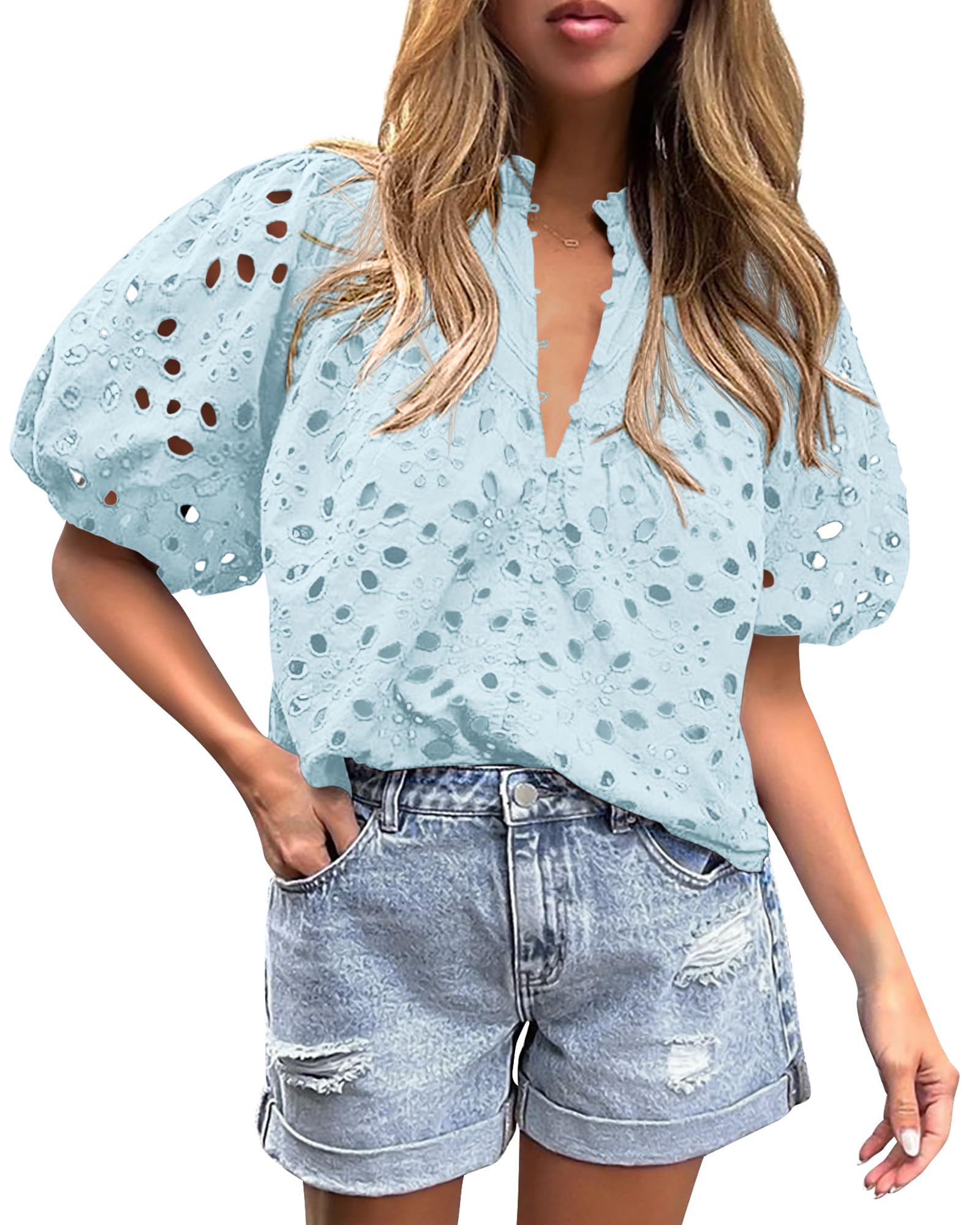 PRETTYGARDEN Women's Summer Tops 2026 Dressy Casual Short Sleeve V Neck Buttons Hollow Eyelet Lace Embroidered Blouses Shirts