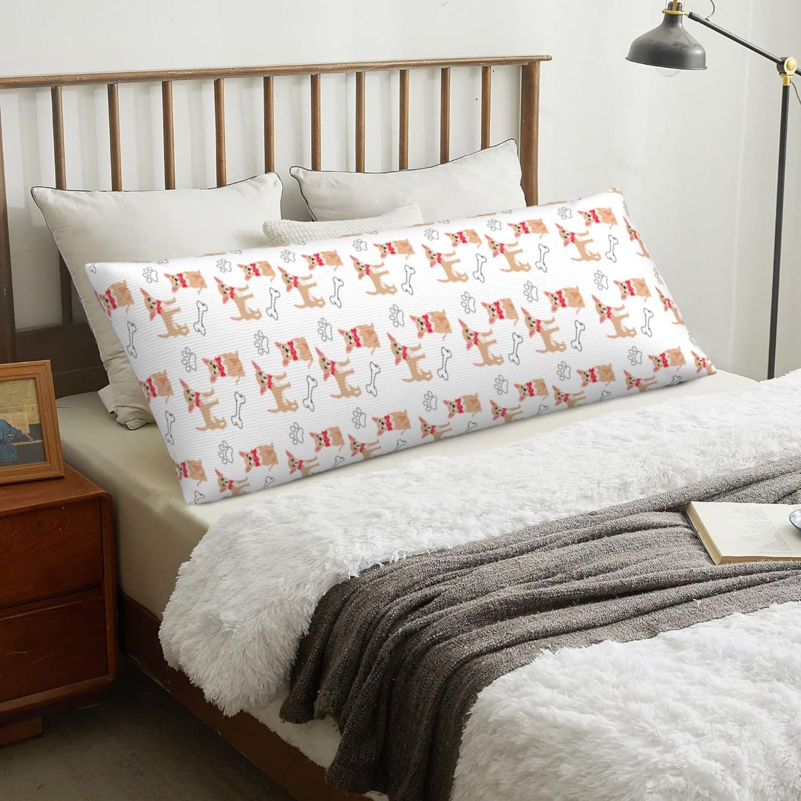 Chihuahua Cute Dogs And Bowl, Body Pillow Cover with Zipper,Long Body Pillowcase 20 x 60 in