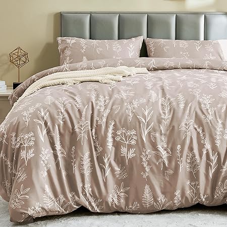 MUXHOMO Duvet Cover Full Size, Reversible Floral Taupe Duvet Cover Set with Zipper Closure, 3 Pieces Botanical Patterns Soft Microfiber Bedding Set with 4 Ties (80"x90", 2 Pillow Cases)