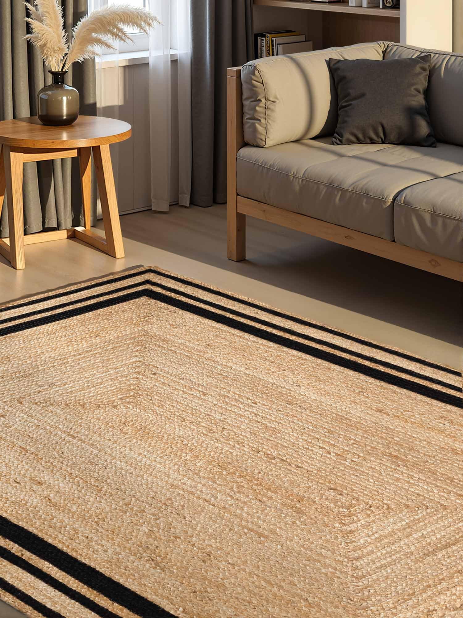 Hanse Home Looma - Jute Teppich, Natürlich & Handgemacht, Naturteppich Robust mit Bordüre, Boho Look Wohnzimmerteppich für Wohnzimmer, Schlafzimmer, Esszimmer, Flur - Natur Gold Schwarz, 200x300 cm