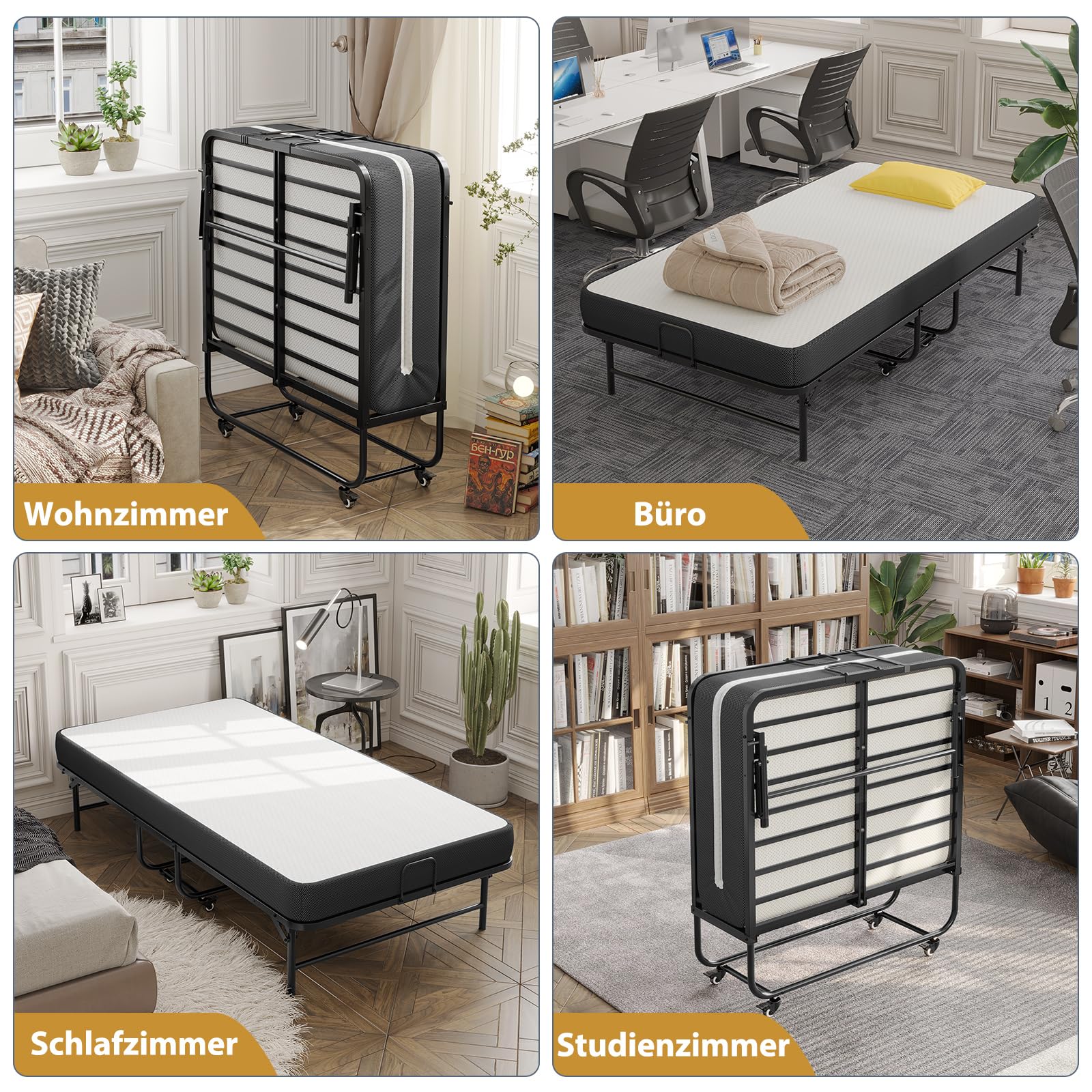 Brinlawb Gästebett Klappbar 90x200 cm mit 10cm Dicker Schaumstoff Matratze Klappbett 90x200 Erwachsene Langlebiger & Robuster Metallbettrahmen mit 4 Laufrollen Faltbares Reisebett bis 200 kg belastbar