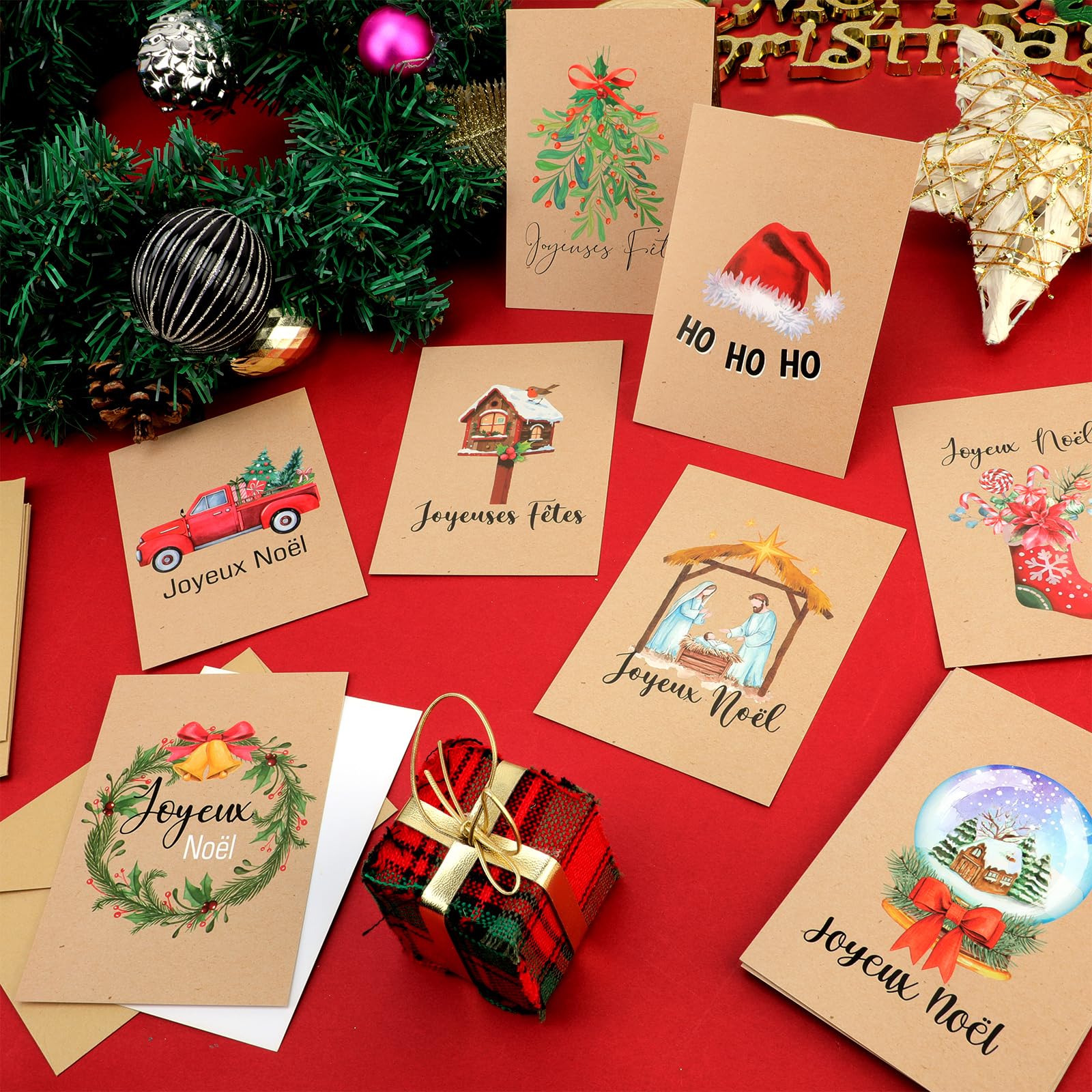 DPKOW 32 x French Christmas Cards with Envelope Kraft Paper Xmas