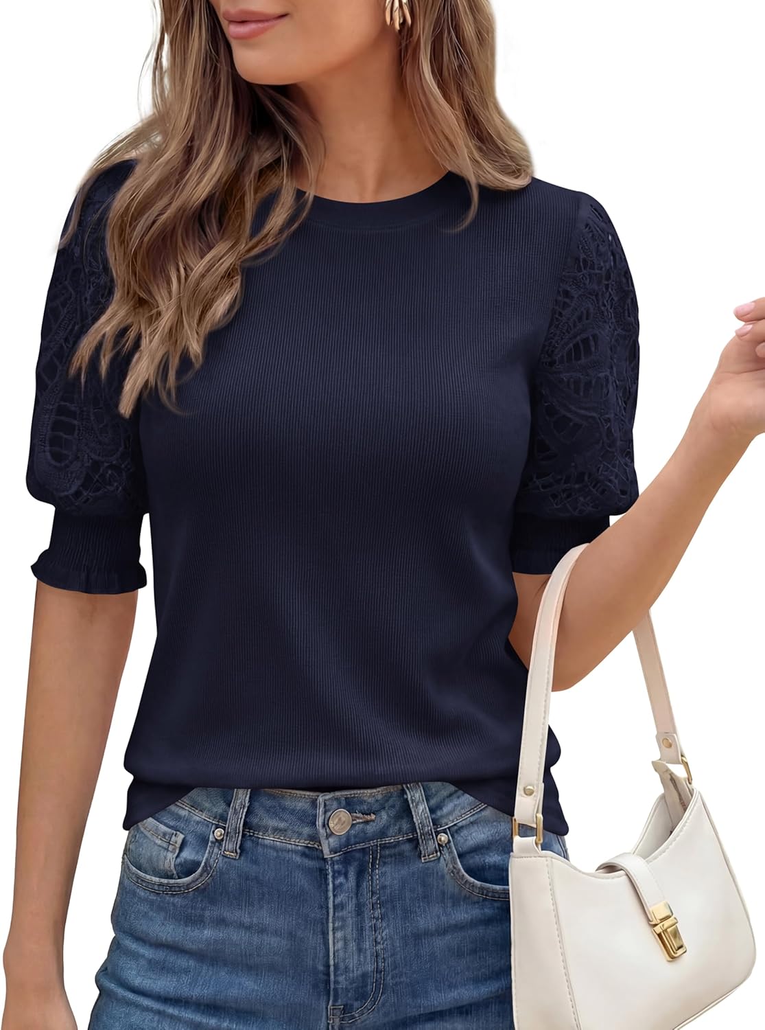 KIRUNDO Sweaters for Women 2026 Summer Casual Crewneck Going Out Tops Dressy Puff Short Sleeve Lace Blouse Trendy Clothes