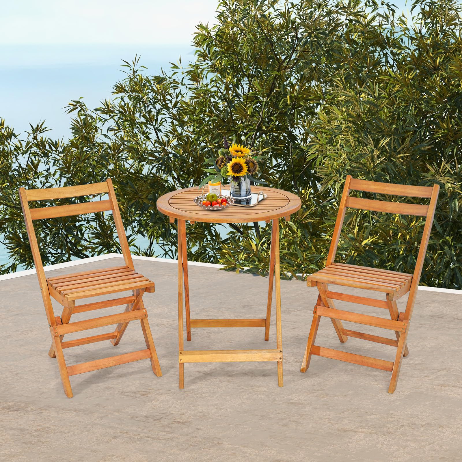 Giantex Table de Jardin Exterieur avec Chaise, 1 Table Ronde et 2 Chaises Bois d'Acacia avec Dossiers, Ensemble Meuble Extérieur, Salon de Jardin 2 Personnes, Table et Chasie Pliantes pour Balcon