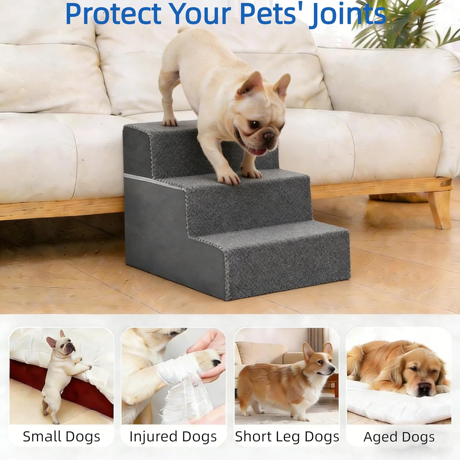 Simple Deluxe Dog Stairs for Small Dogs, 3-Step Dog Step for Puppy, Older Cat, Medium Pet Ramp for Sofa, Couch or Chair, Indoor Non-Slip Pet Ladder with High Density Foam, Gray
