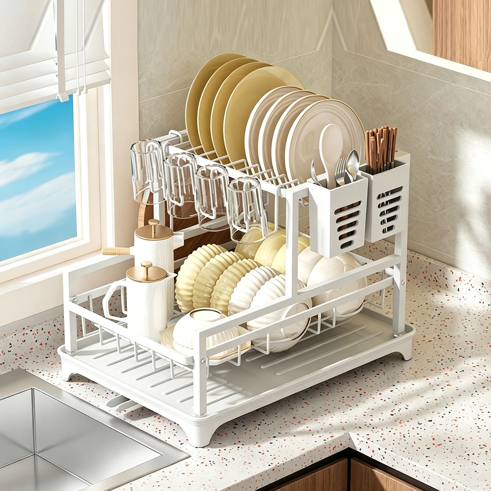 Tbatm White 2 Tier Dish Drying Rack For Kitchen With Drip Tray, Sink Drainer With Drainage Spout, Dish Drying With Cups, Utensil & Cutting Board Holders For Kitchen Counter Space-Saving,