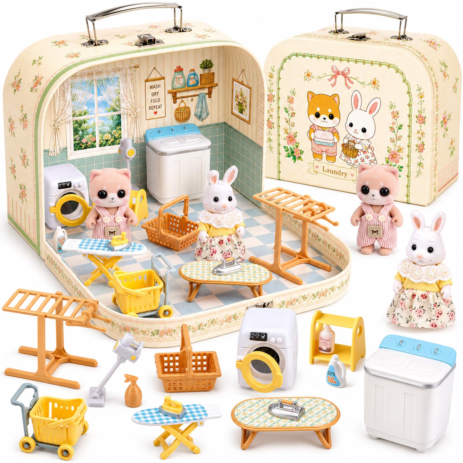 Dollhouse Laundry Room Furniture Suitcase Set for Kids, 2 Flexible Dolls/Washing Machine/…