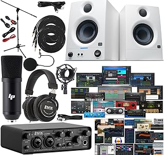 LyxPro 2x2 USB Audio Interface with ASIO Driver and NEW Creative Software Bundle with LP Professional Microphone Kit, Shock Mount & Cables, Recording Headphones, Eris E3.5 White Studio Monitors