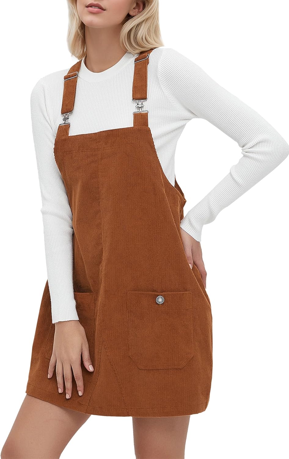 Womens Corduroy Overalls Dress Casual Adjustable Straps Pinafore Dress Short Skirt with Pockets