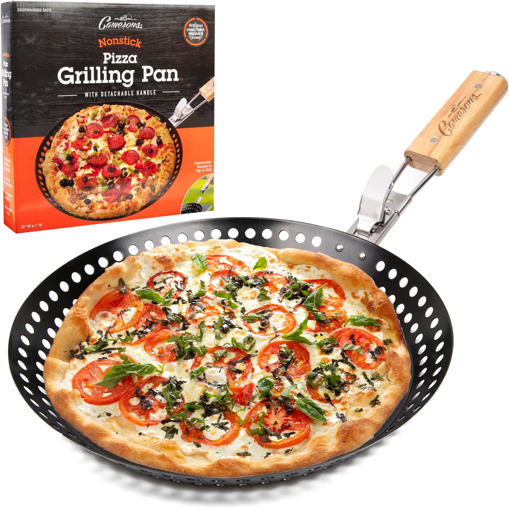 Pizza Grilling Pan (12") - Non-Stick Pan w Removable Handle to Easily Close Grill & Transport Hot Dish - High Walls to Deep Dish - Use in Indoor Oven & Outdoor BBQ Grill - Grilling & Cookout Essential