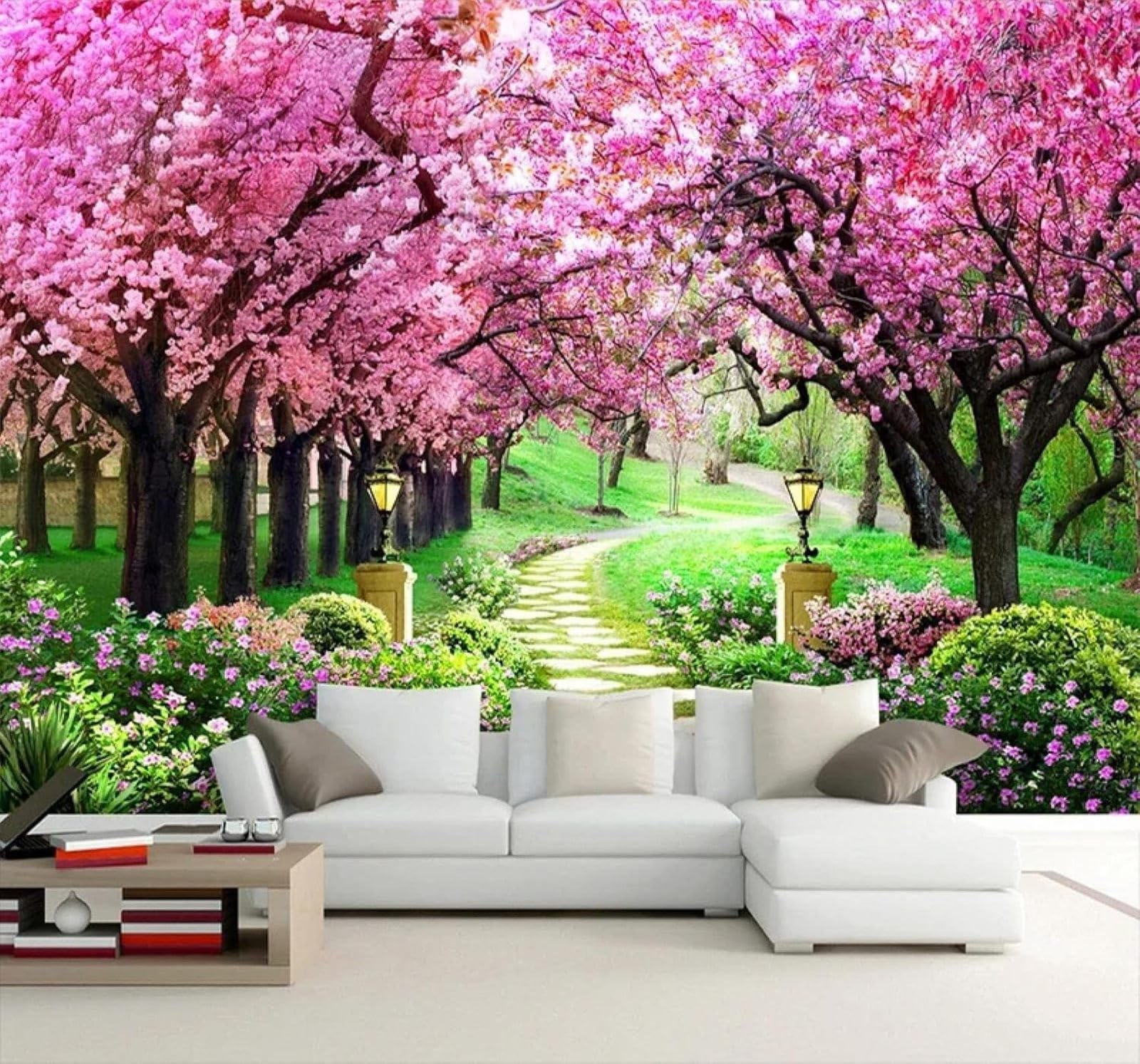 Tzxztt Beautiful Floral Romantic Cherry Blossom Tree Path Modern 3D Wallpaper Premium Textured Silk Neutral Tones Material Ideal for Living Room Bedroom-400cm×280cm