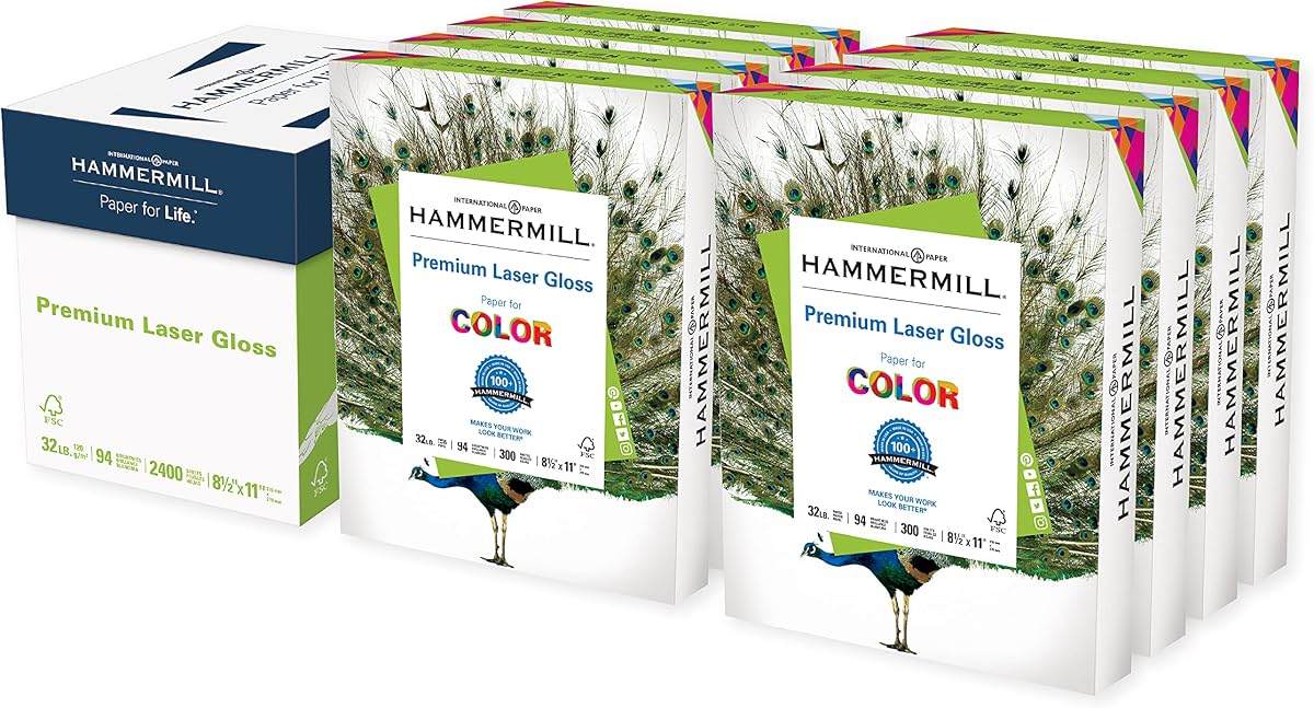Glossy Paper, Laser Gloss Copy Paper, 8.5 x 11-8 Pack (2,400 Sheets) - 94 Bright, Made in the USA Glossy Printer Paper, 163110C