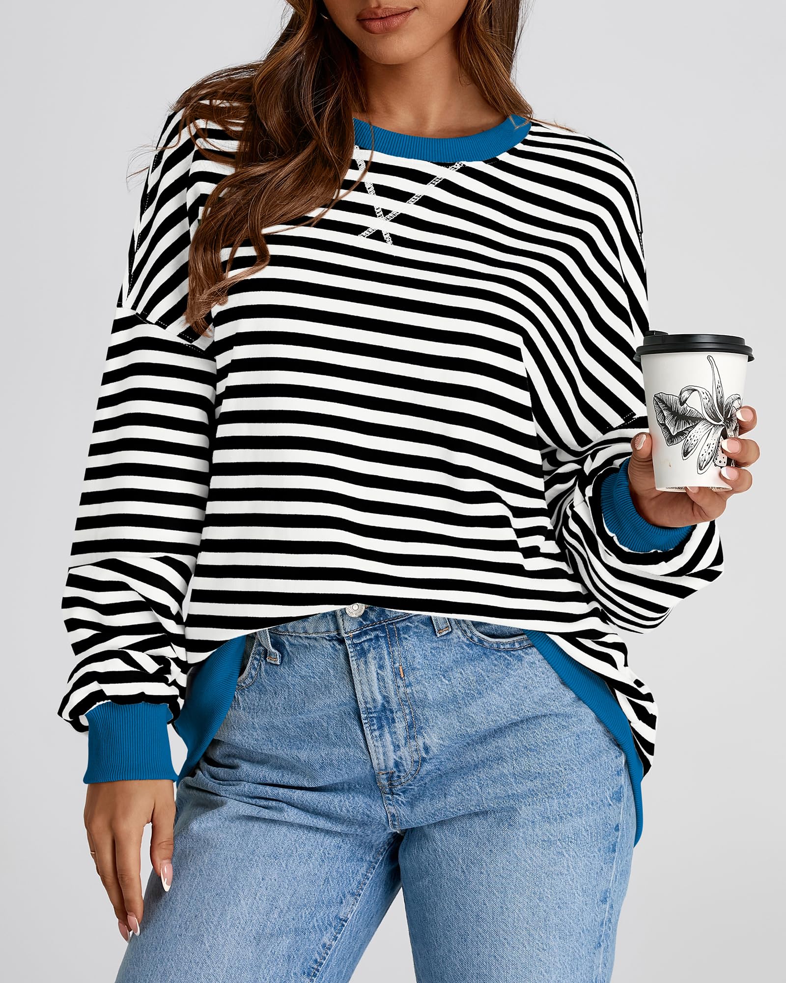BTFBM Womens Striped Pullover Tops Spring Clothes 2026 Long Sleeve Shirts Trendy Crew Neck Loose Y2K Sweatshirts — view 7