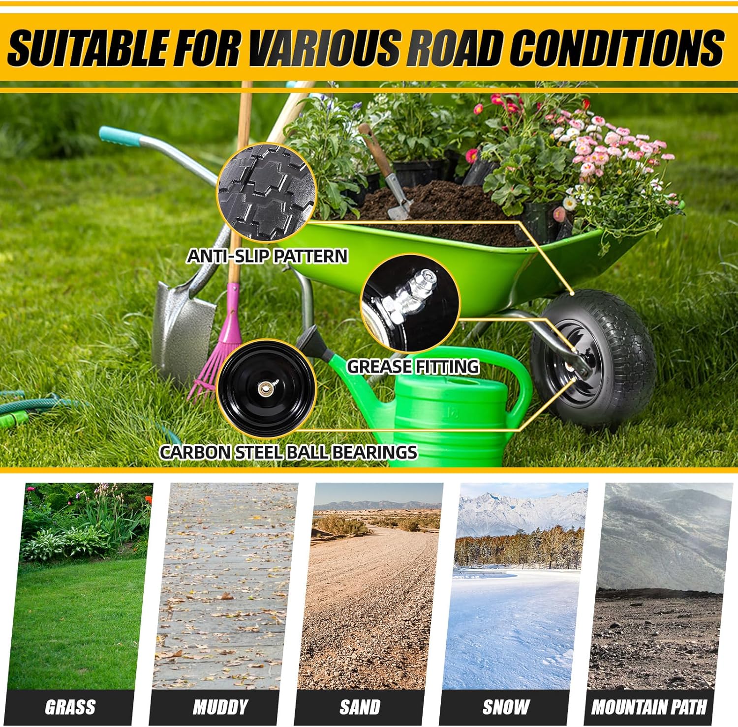 MZREXN 14.5" Wheelbarrow Tire Flat-Free 3.00/3.25/3.50/4.00-8" Solid Tire and Wheel with 3"-7" Centered Hub, 3/4" & 5/8" Bearings Replacement for Hand Truck/Dolly/Utility Cart/Garden Cart 2PCS Black