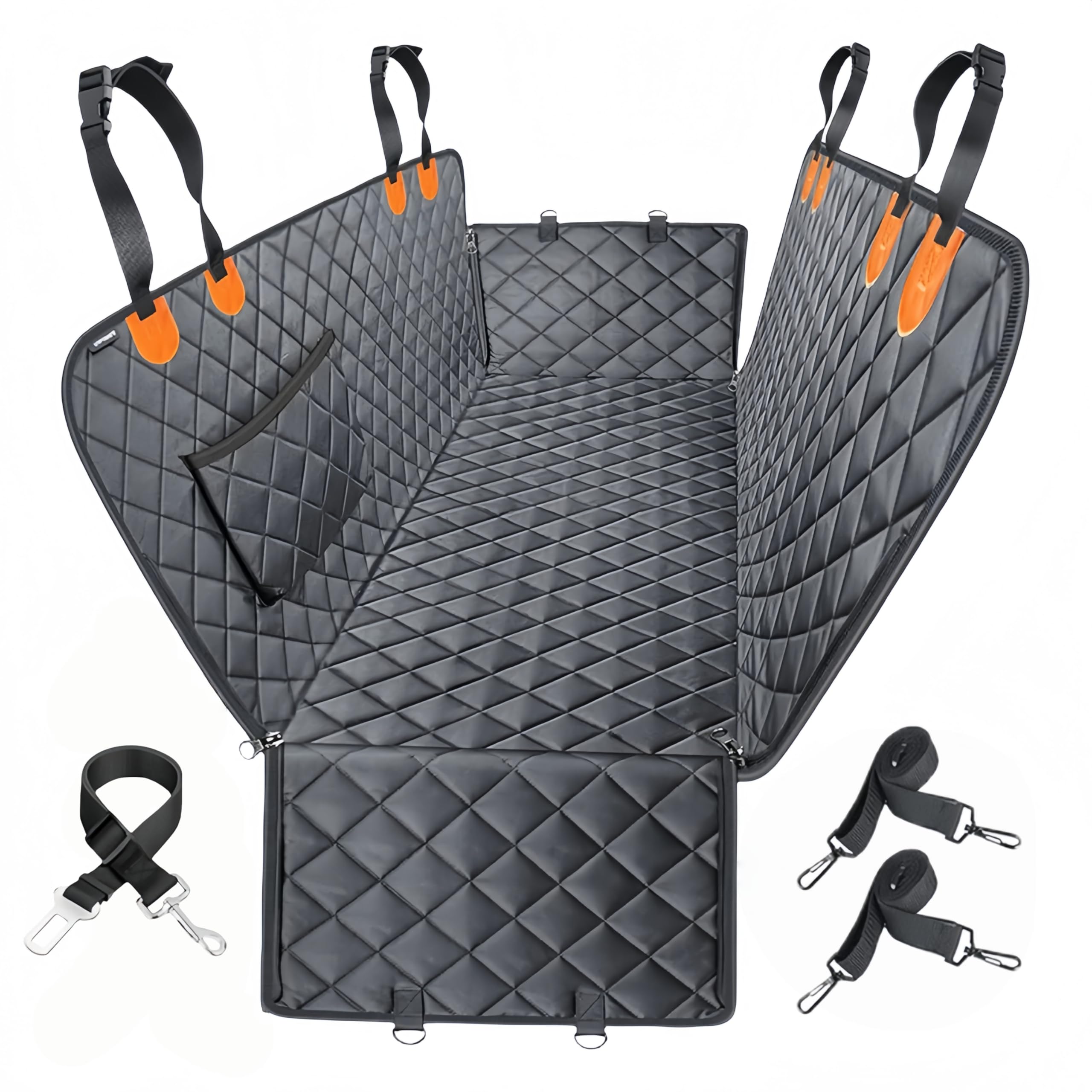 Dog Car Seat Cover for Back Seat,Heavy Duty Dog Hammock for Car with Side Flap,100% Waterproof Pet Backseat Cover, Anti-Scratch Nonslip Pet Seat Protector for Cars Trucks and SUV (Black with Orange)