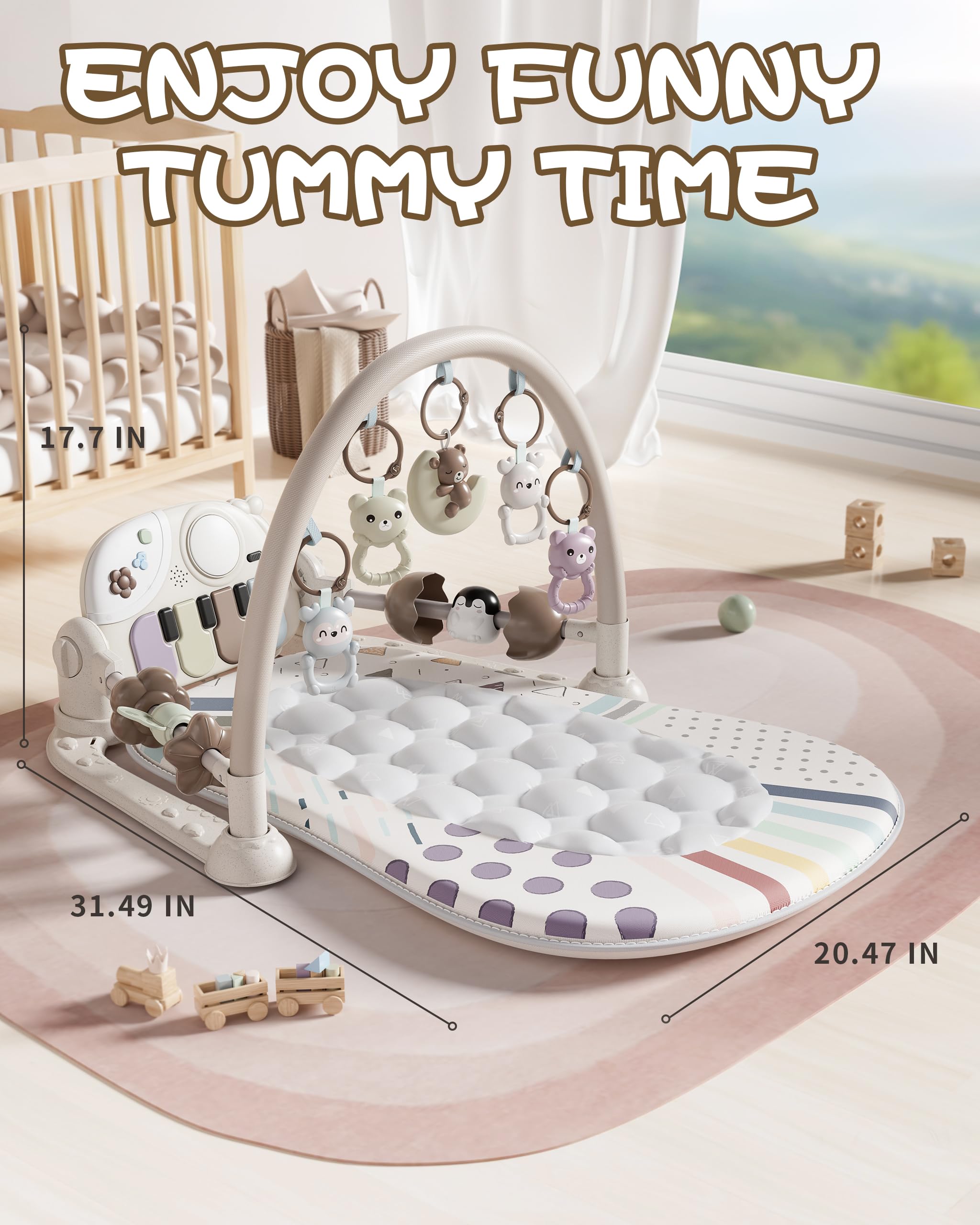 Gimnasio De Juegos Para Bebe con Piano, Alfombra de Gateo con Luces y Sonidos, Manta de Juego con Arco de Juego y 5 Juguetes Extraíbles para Bebés, Alfombrilla de Fitness Kick Piano para 0-36 Meses