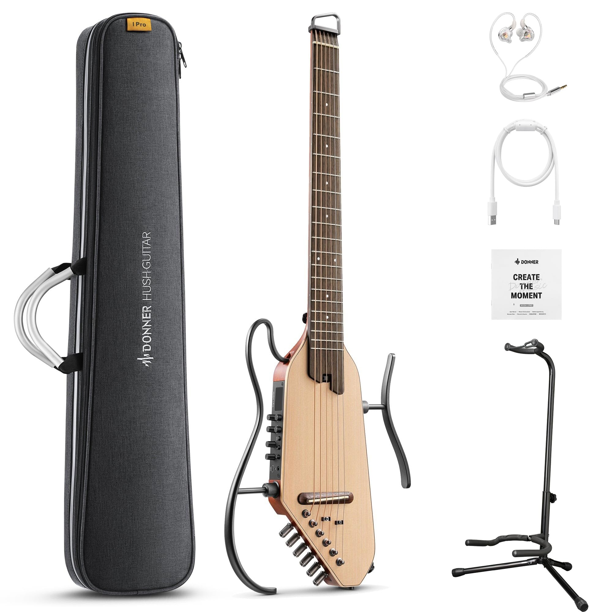 DONNER HUSH-I PROサイレントアコースティックギターエフェクト内蔵 Amazon | Donner HUSH-I Pro スタンド付きセット ナチュラル