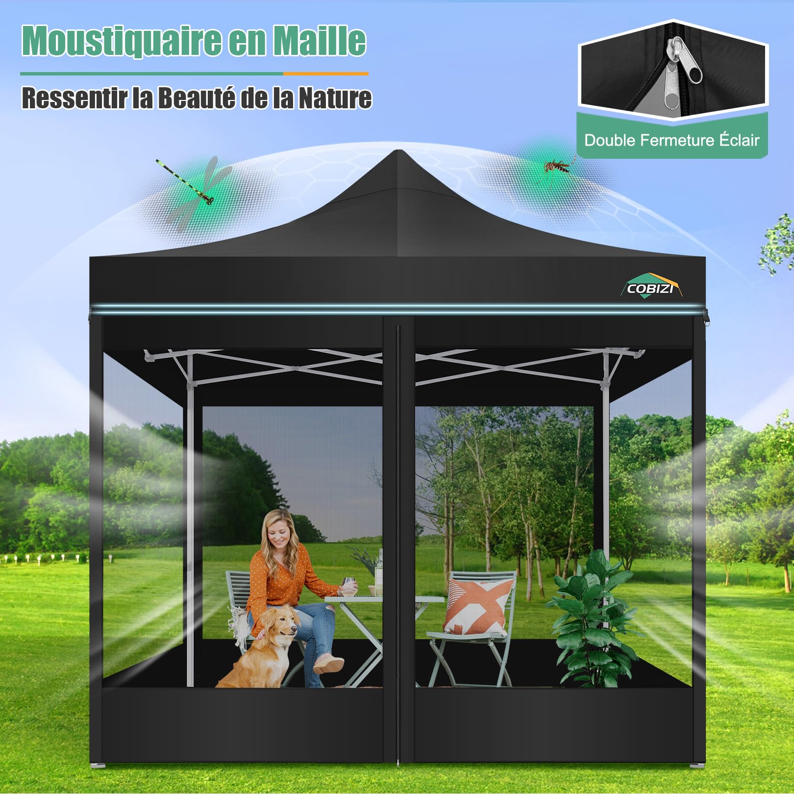 COBIZI Tonnelle Pliante 3x3 m imperméable et Stable | Protection UPF50+, 3 hauteurs réglables, 4 parois moustiquaires, tissu Oxford 420D robuste, avec sac de transport 800D