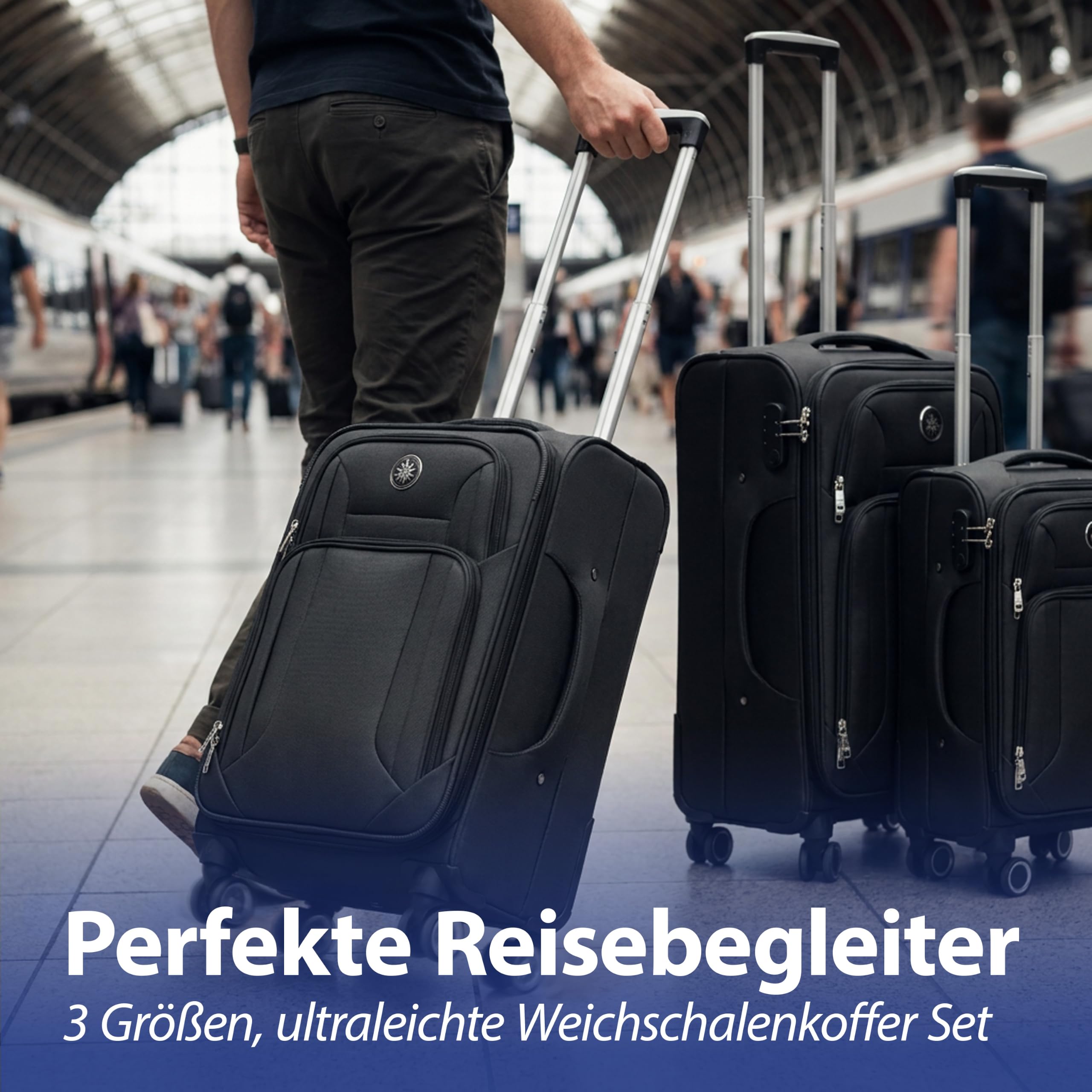 Cepewa Kofferset 3er Set aus Stoff | schwarz 3 Größen Nylon | Teleskopstange Doppelrolle Zahlenschloss | Weichschalenkoffer Softkoffer aus Kunstfaser mit Reisverschluss (schwarz)