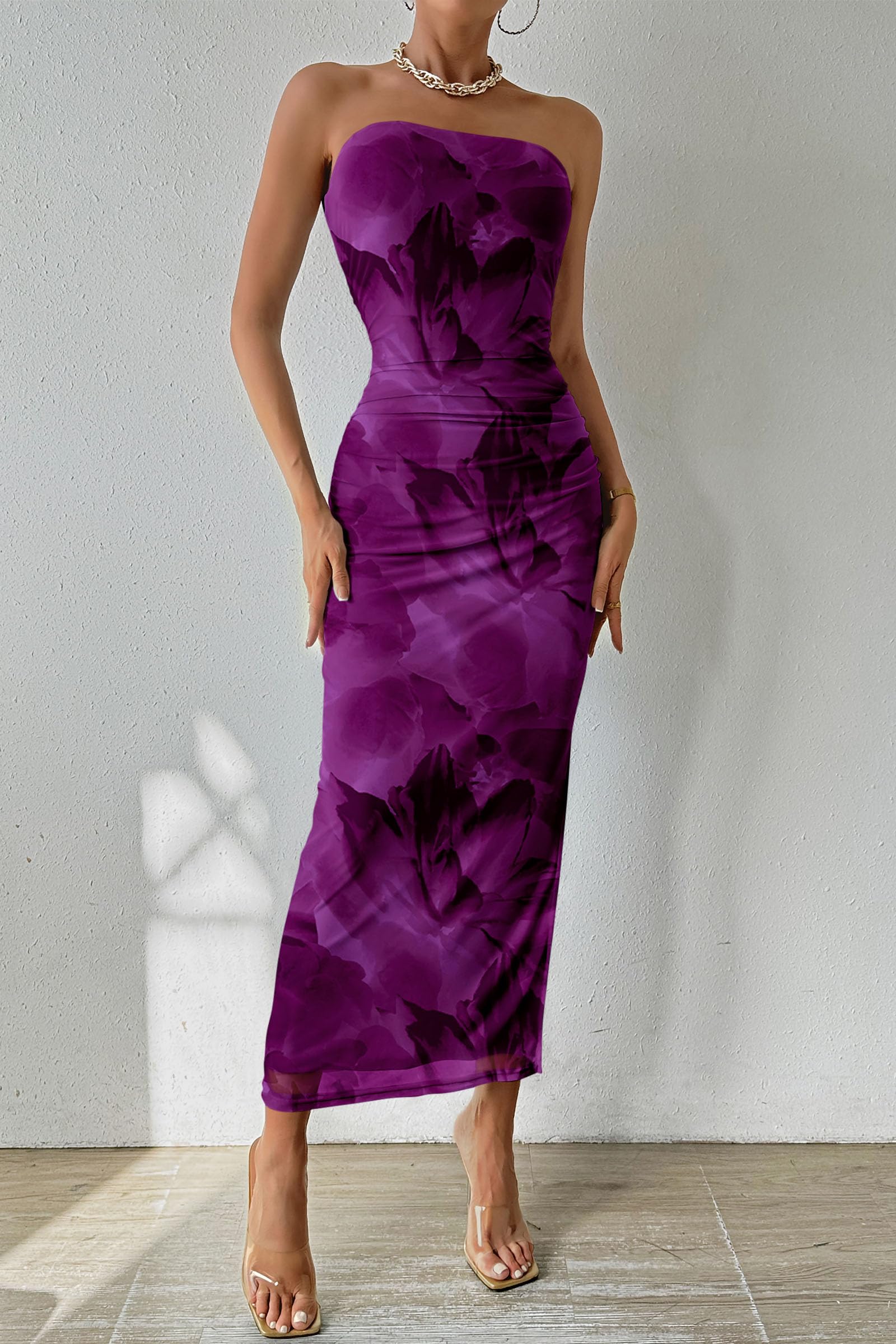 PRETTYGARDEN Women's Summer Maxi Bodycon Dresses Strapless Tube Top Printed Long Party Club Slit Dress