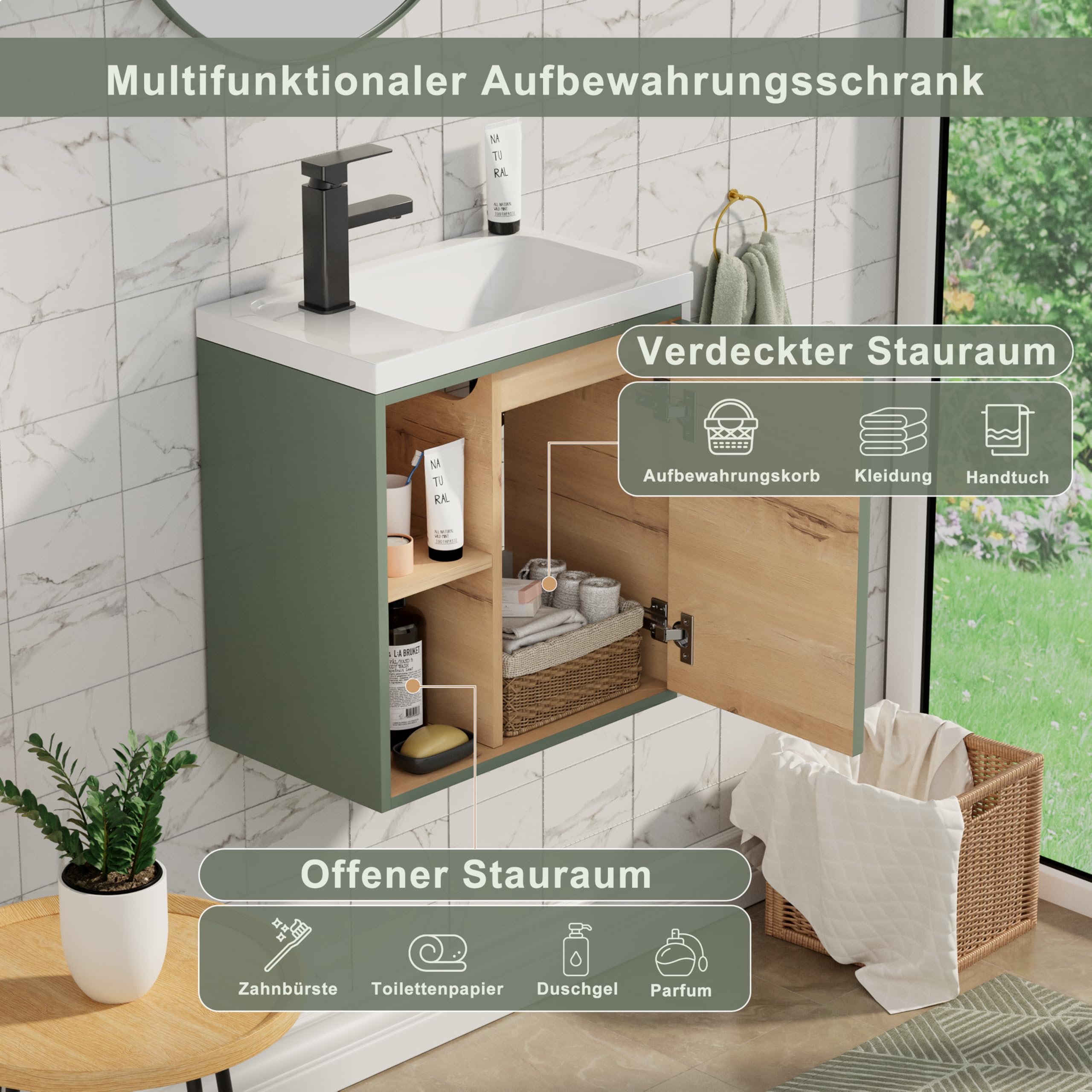 UEV Waschtisch mit Unterschrank hängend 50,5cm,Gäste-WC Waschtisch kleine, Waschbecken mit Wasserhahn, Waschtischunterschrank hängend, Waschplatz ausreichend Stauraum,Badmöbel Set für Badezimmer grün