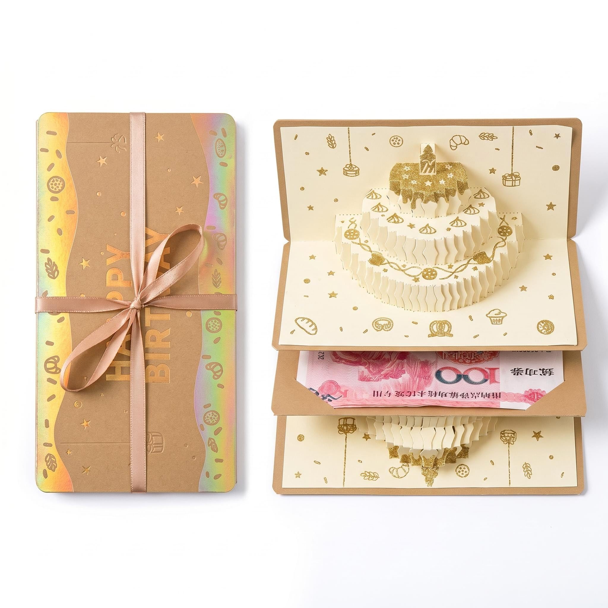 Mtbricey 3D Birthday Money Wallet 10 Pocket Concertina Cash Gift Envelope Foldable Paper Cake Money Holder for Banknotes Vouchers Cheques, Creative Surprise Gift Ideal for All Ages Party Festival Deco