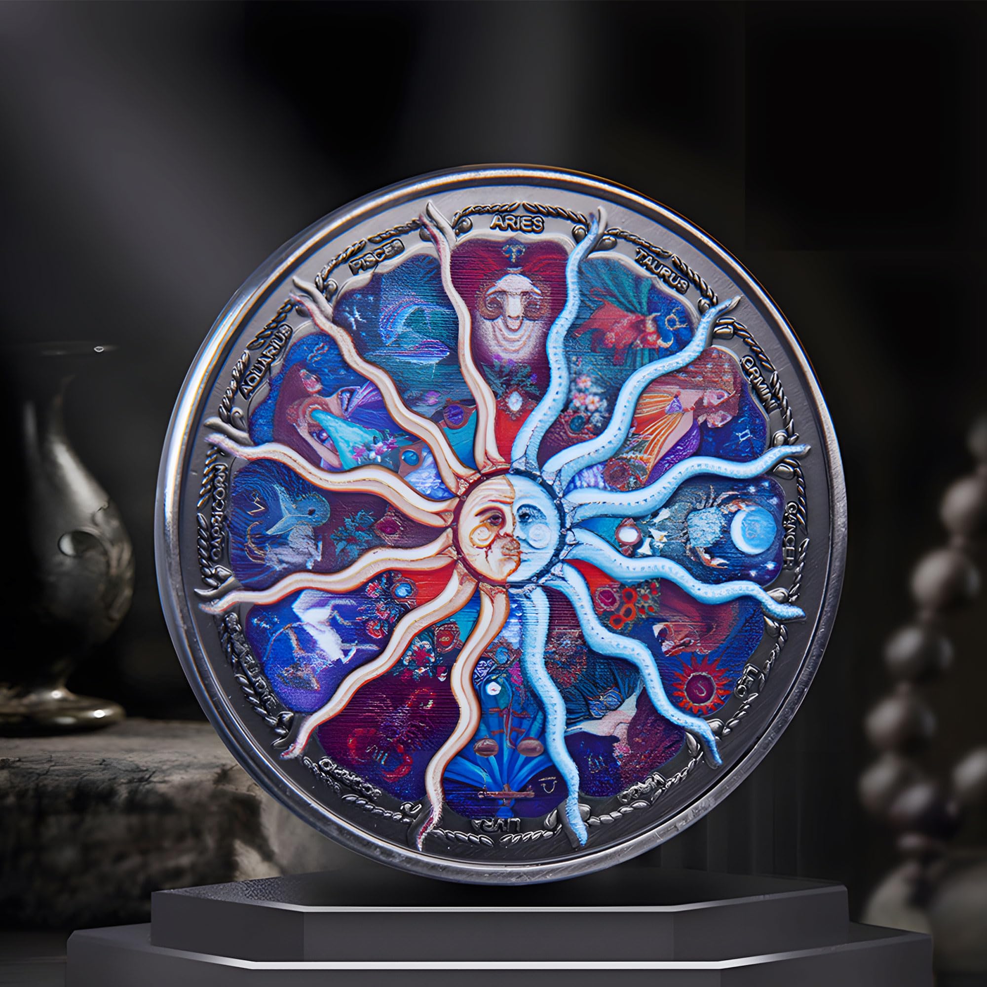 Amazon.com: Twelve Constellations Sun Moon Challenge Coin Divination Coin,  Includes Coin Decoration Stand and Round Clear case 0.3mm : Collectibles &  Fine Art