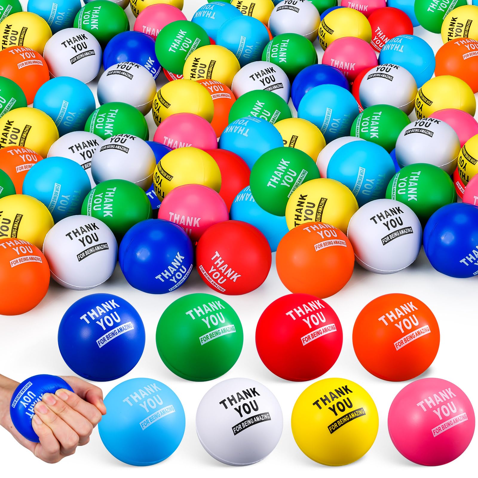 Lenwen 100 Pcs 2.5 Inch Inspirational Colorful Stress Balls Squeeze Balls Pack Motivational Anxiety Relief Balls Small Foam Balls for Adult Girls Boys Employee Gifts (Thank You for Being Amazing)
