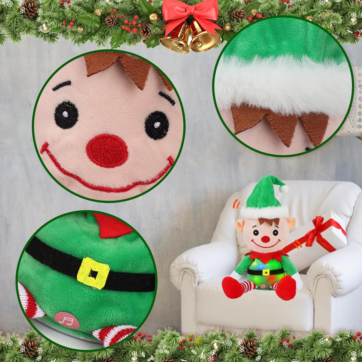 Hopearl Talking Elf Repeats What You Say Lighting up Nodding Electric Speaking Interactive Animated Toy Gifts for Toddlers, 8'' - Image 5