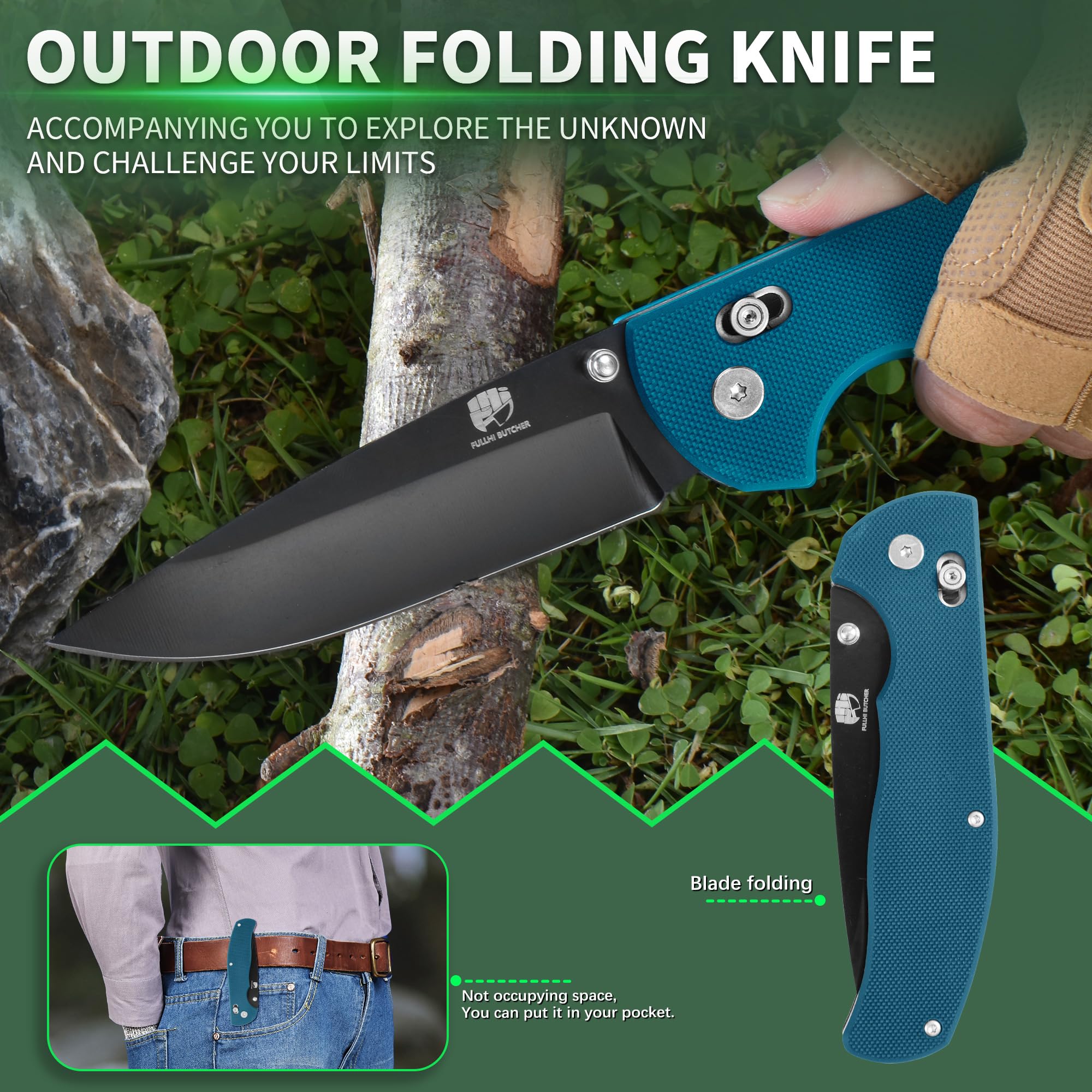 FULLHI navaja de bolsillo plegable G10 maneja con mosquetón clip para afilar Camping Supervivencia Senderismo Senderismo Cuchillos, Regalos para Mujeres Hombres Mamá Papá Amigo Regalo (Azul-negro)