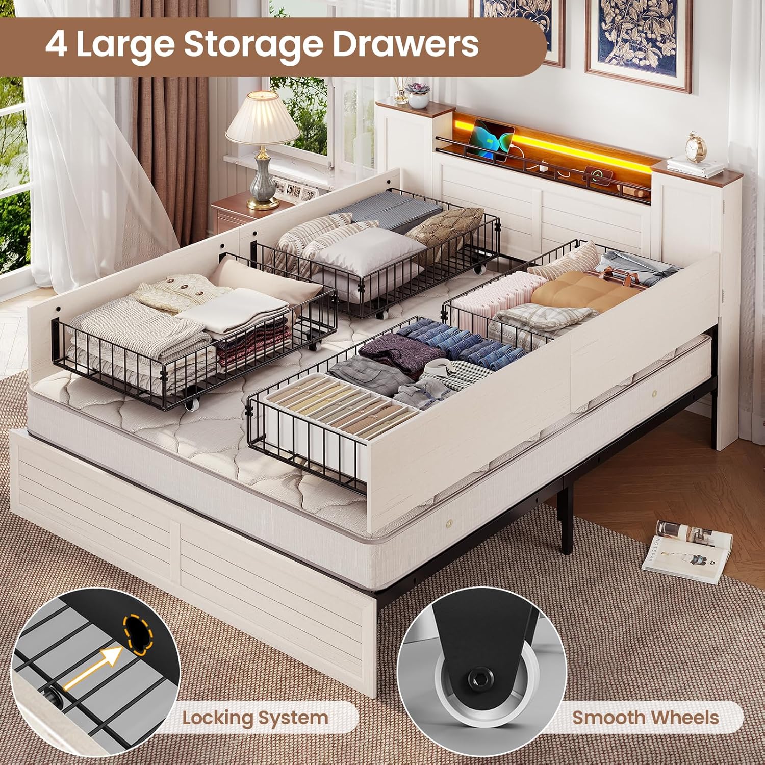 Under-bed storage drawers with items inside