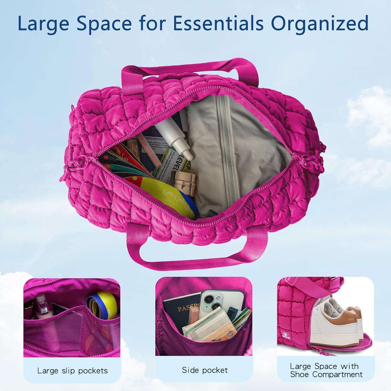 Quilted Gym Bag for Women,Duffle Bag for Travel with Wet Pocket,Carry on Weekender Bags for Women,Travel Bag with Shoe Compartment (Rose red) - Image 2