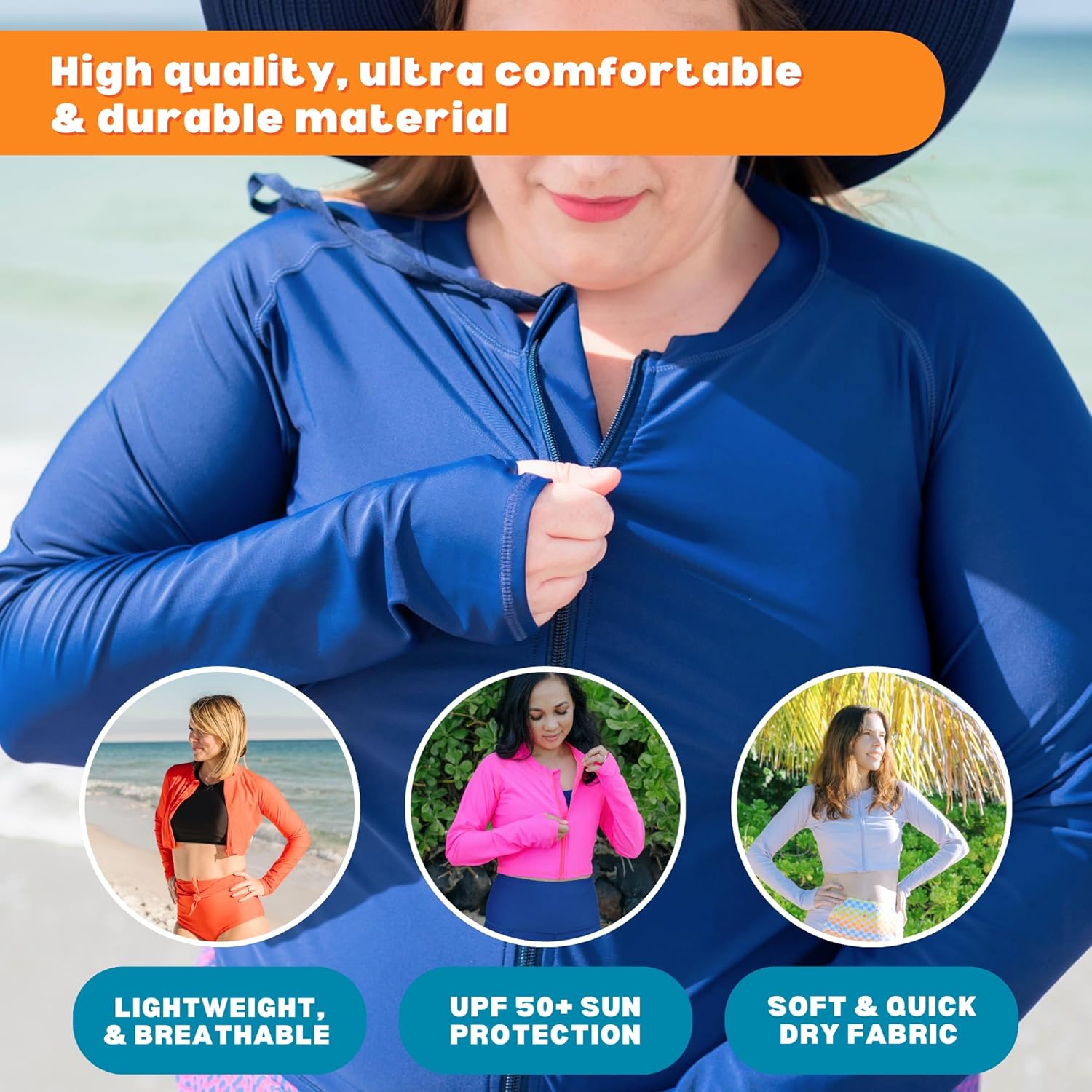 SwimZip Women's Long Sleeve Crop Top Rash Guard Swim Shirt - UPF 50+ with Zipper - Image 4