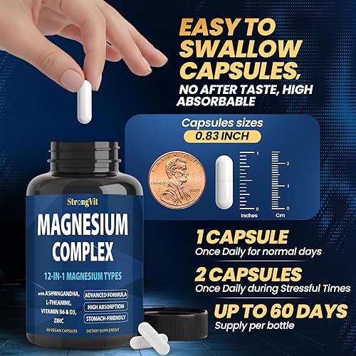 Miniatura 8 de Complejo de magnesio para mujeres y hombres, suplemento de magnesio 12 en 1, 1000 mg de glicinato, citrato, malato, óxido y más. Alta absorción,