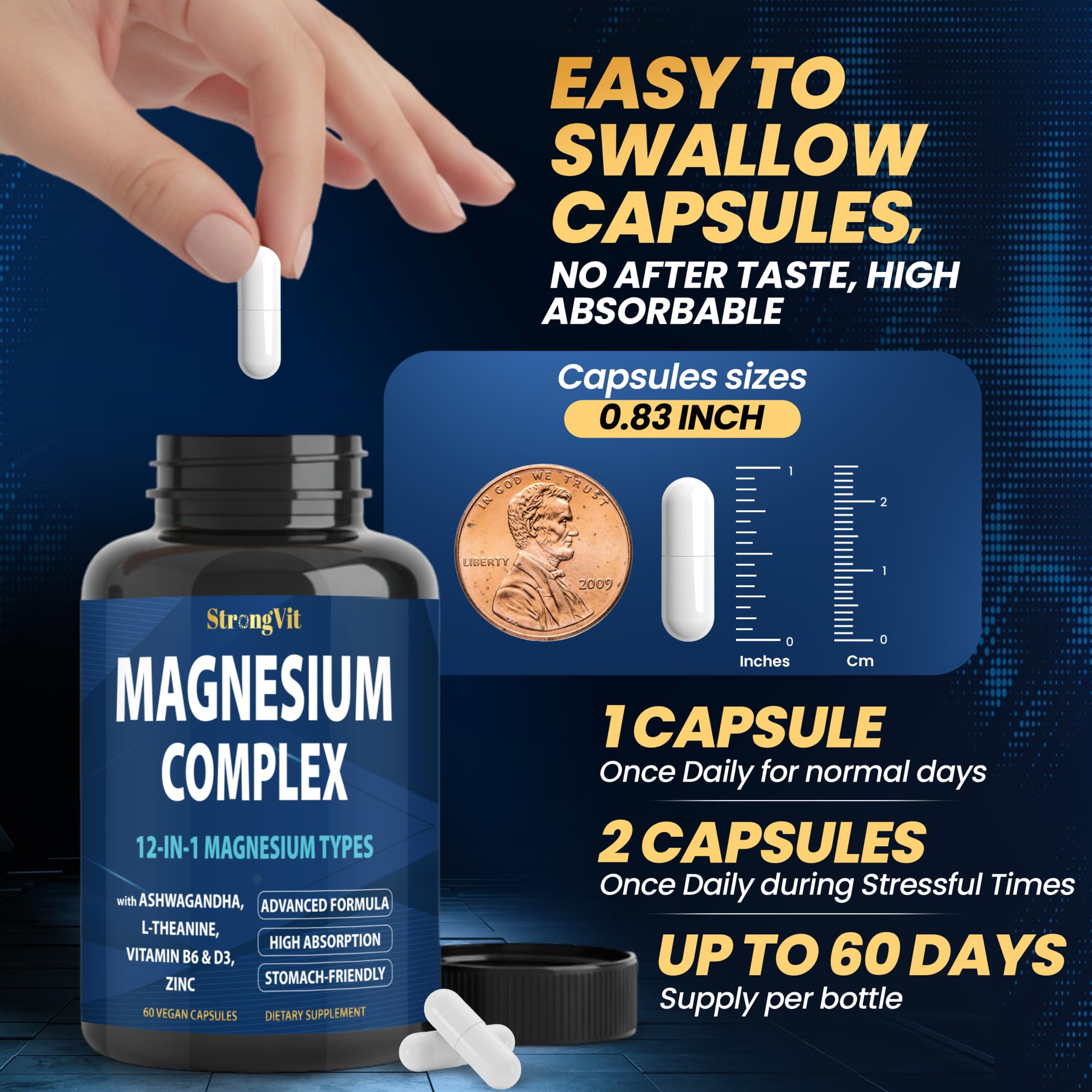 StrongVit 12 in 1 Magnesium with Ashwagandha, Zinc, B6 & D3-60 Caps — Amazon image 8