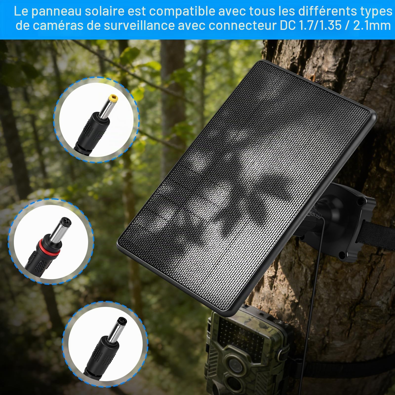 Panneau solaire pour caméras de chasse DC 6 V/9V/12V, 7,4V 4000mAh Batterie | avec Sortie connecteur DC 1,7/2,1/1,35 mm, IP65 Compatible avec les caméras de chasse et caméras de vision nocturne