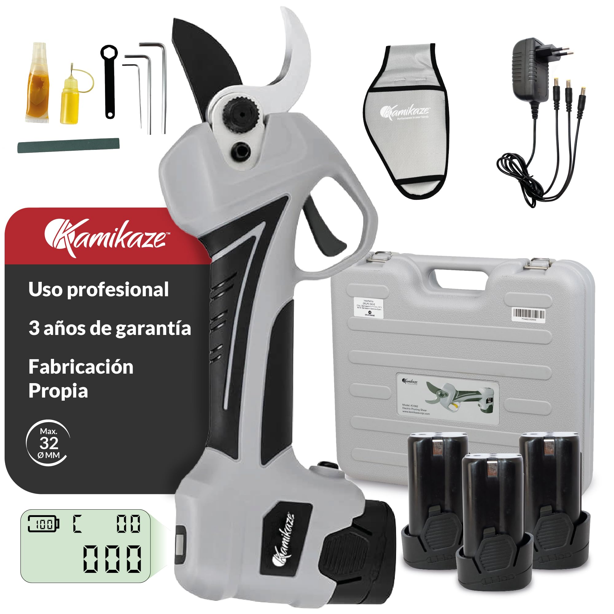 KAMIKAZE KV362 Tijera de podar eléctrica profesional. Podadora eléctrica. Tijeras batería de 14,4V. Sin cable. 35mm Ø. Tijera profesional. Incluye maletín. Indicador de carga y cortes.