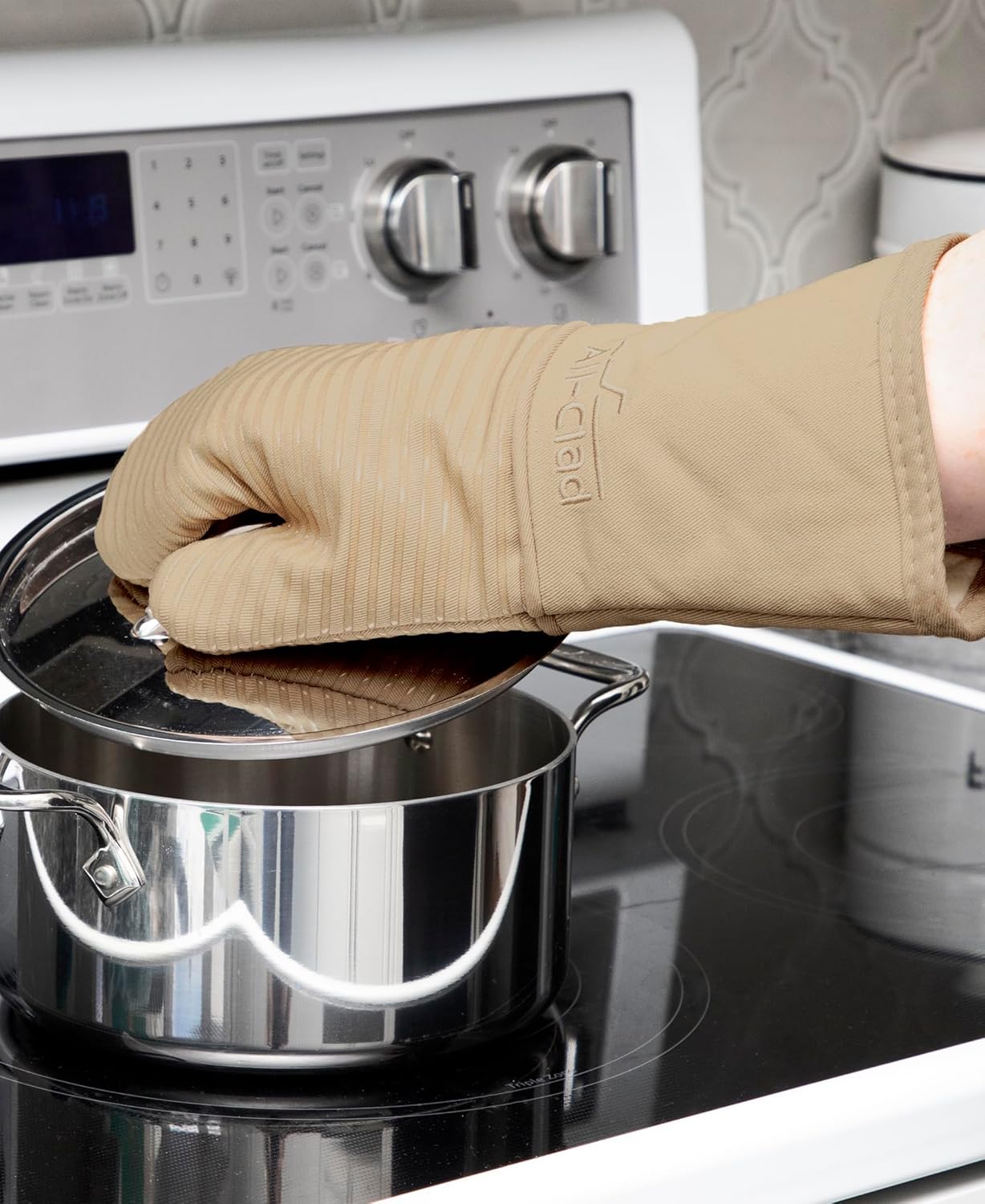 All-Clad Silicone Oven Mitts: Heat Resistant up to 500 Degrees - 100% Cotton & Silicone, 14x7 Oven Mitt for Kitchen and Barbeque, 2-Pack, Cappuccino