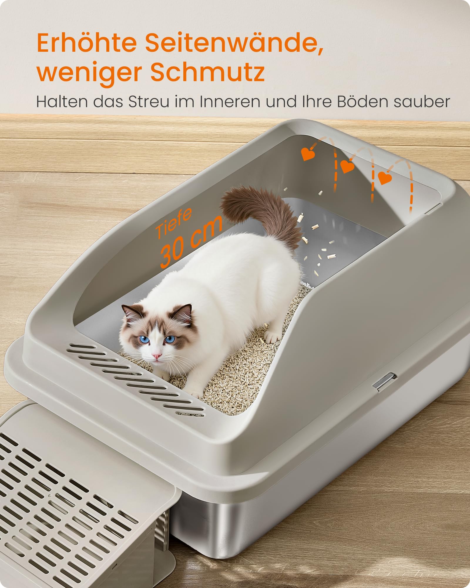 Feandrea Katzenklo Edelstahl XXL, mit Hohem Rand, Treppe und Schaufel | Offene Katzentoilette für Große Katzen, Geruchsneutral, 62 x 42 x 30 cm, Kaffeebraun, BOXAL Kollektion PPT008K101