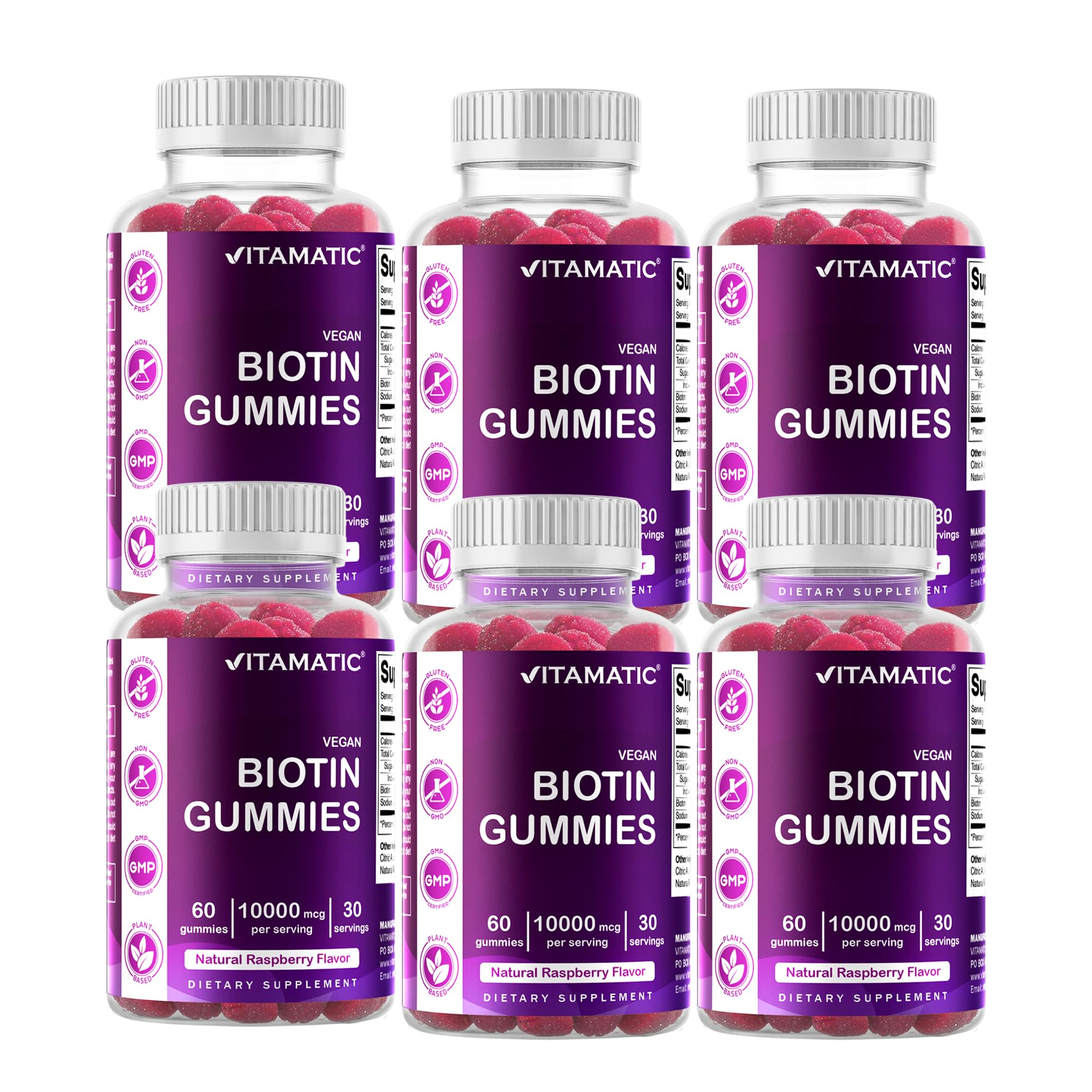 Vitamatic Biotin Gummies 10,000 mcg for Stronger Hair, Skin & Nails - 60 Vegan Gummies - Also Called Vitamin B7 (6 Bottles)