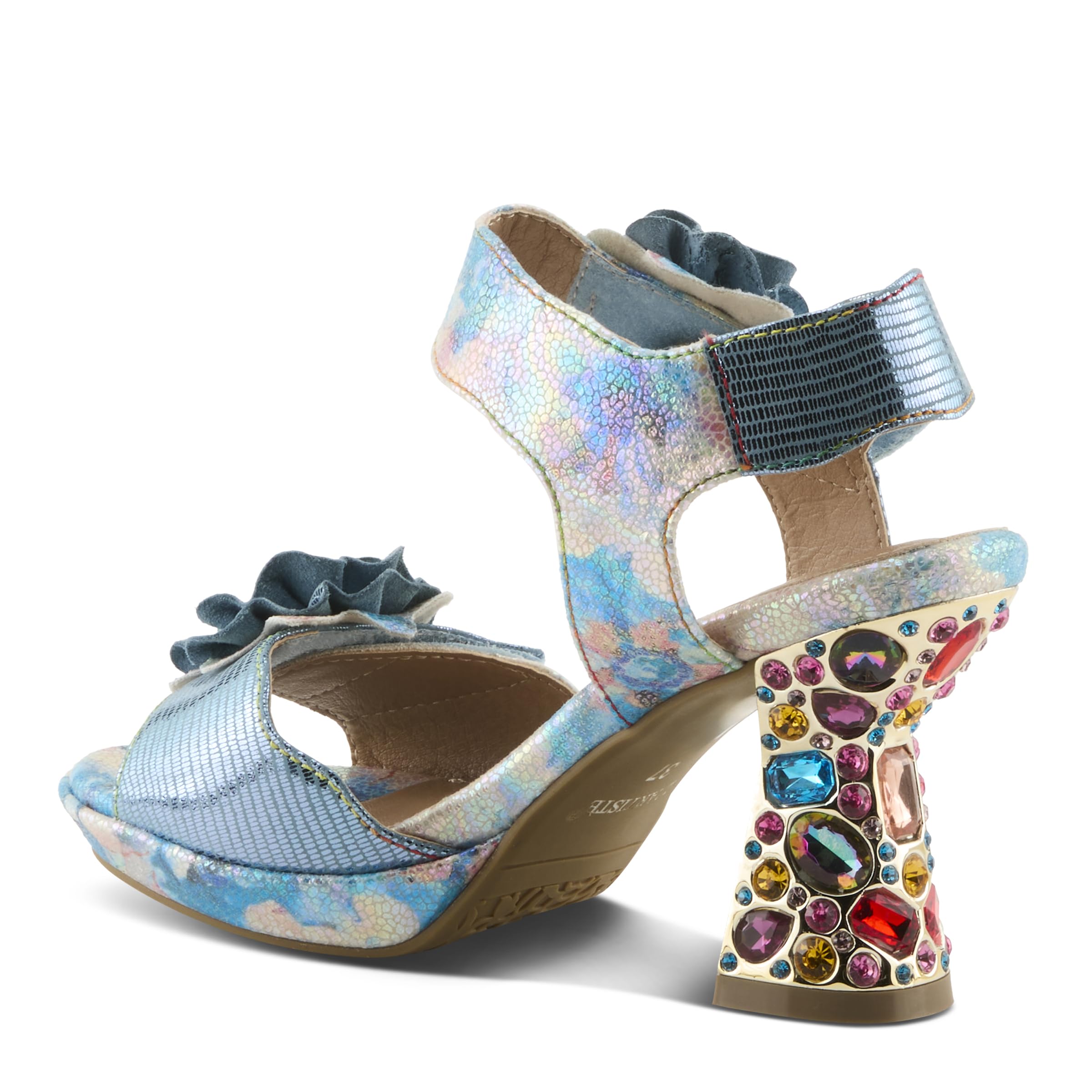 Spring Step L'Artiste Women's SMASHING Metallic Leather Sandals - Opulent Decorative Flowers, Sculpted Jewel Heel, Wearable Art Footwear: 7.5-8 Blue Multi