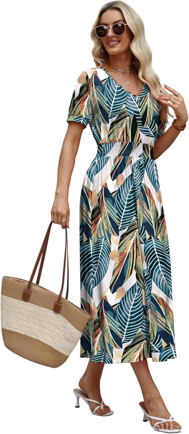 OFEEFAN Maxi Dresses for Women V Neck Ladies Midi Long Dress A Line Smocked Waisted Casual Summer Spring Clothes Boho Beach thumbnail