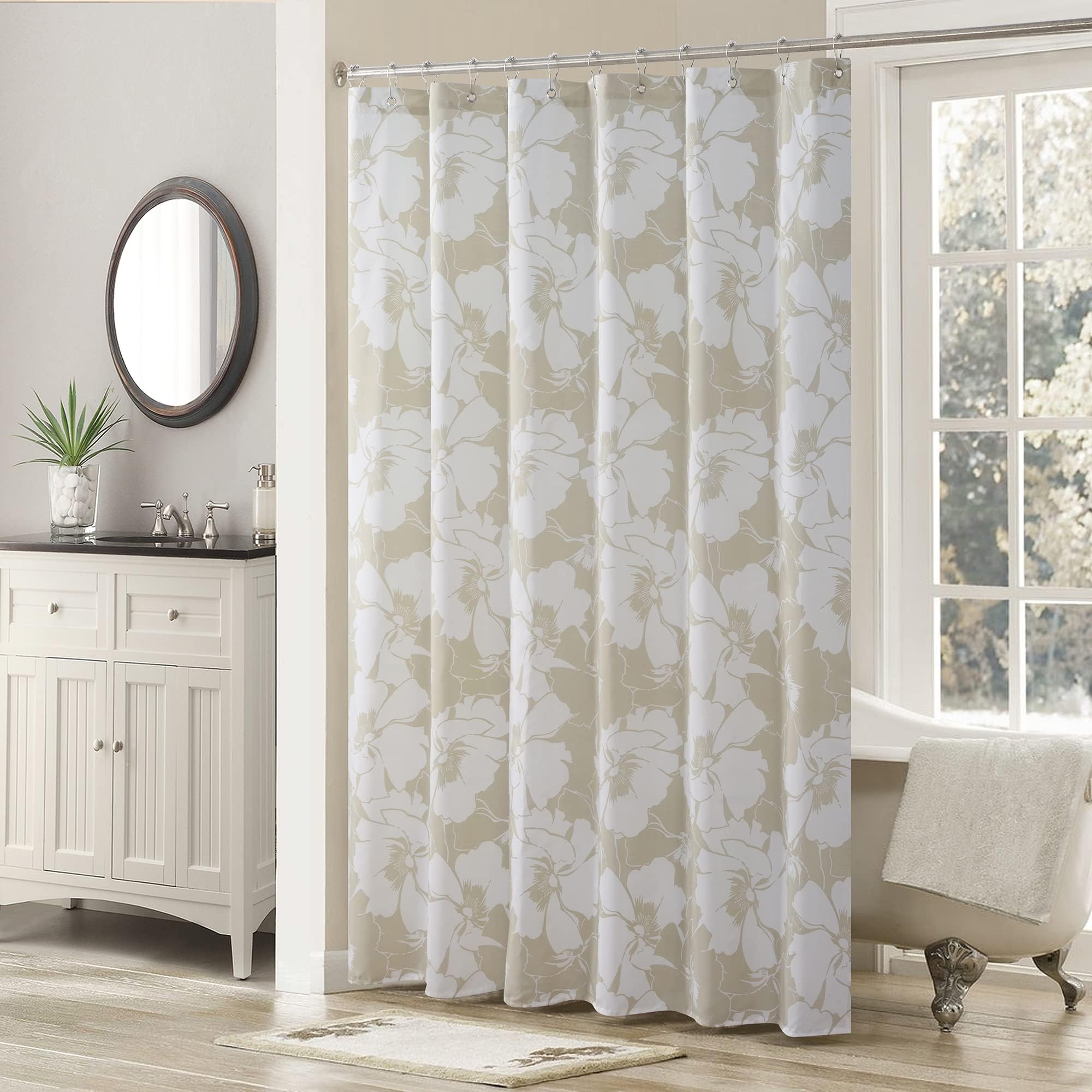 DS BATH Graphic Floral Ivory Rose Beige Polyester Cream Waterproof Fabric Tan Printed Shower Curtain,Decorative Khaki Bathroom Curtains,72" W x 72" H