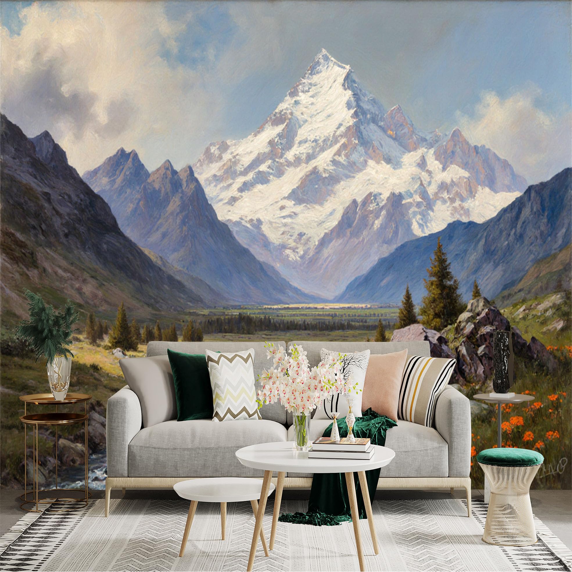 Custom Size Wall Sticker Mural， Snowy Mountain Landscape with River Valley， Pines and Wildflowers， for wall Decoration， peelandstick wall Decals.