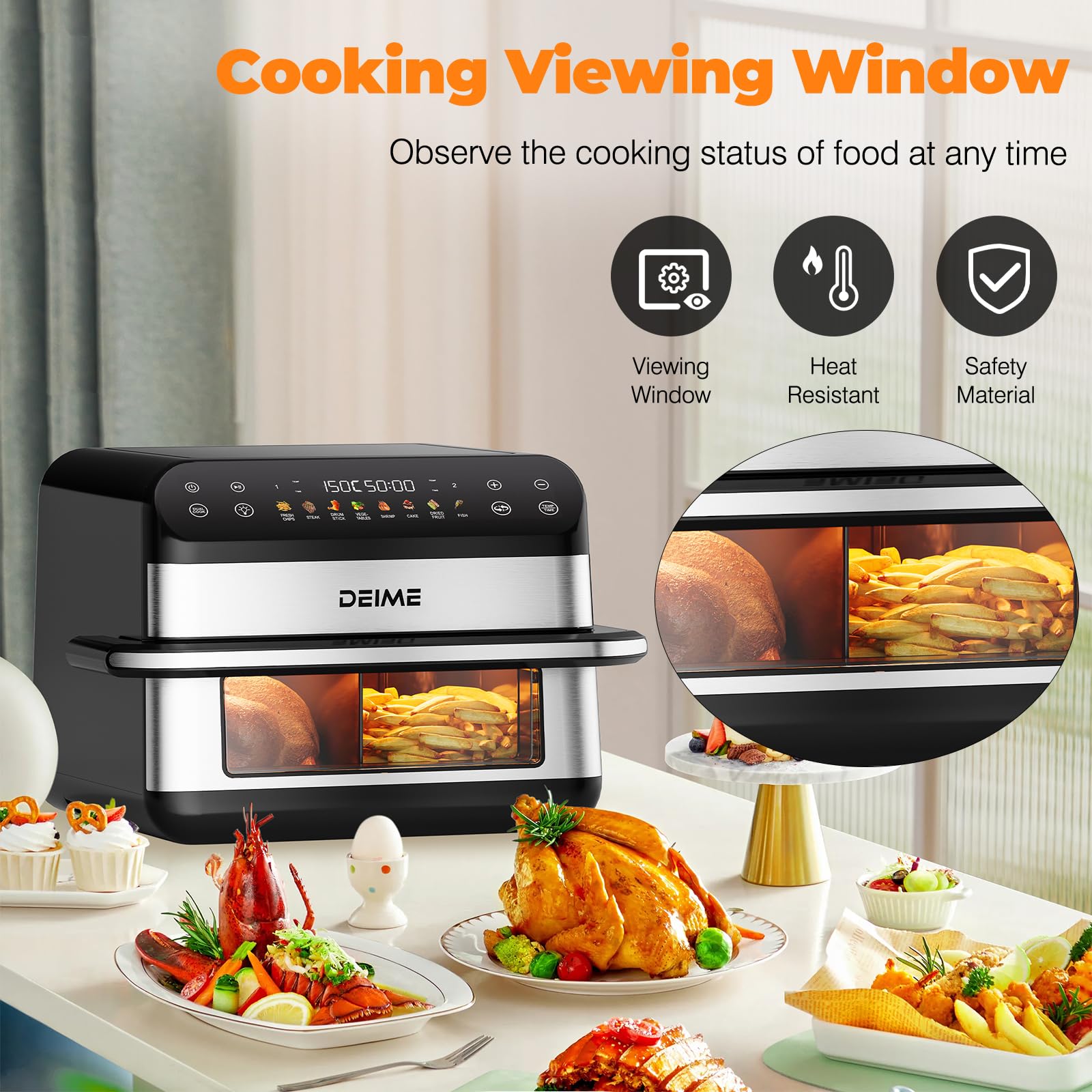 DEIME Dual Zone Air Fryer 10L Double 2400W Large Capacity Oven Air Fryers Healthy Cooker with 8 Preset, Large AirFryer for Families Visual Cooking Window, Non-Stick Basket