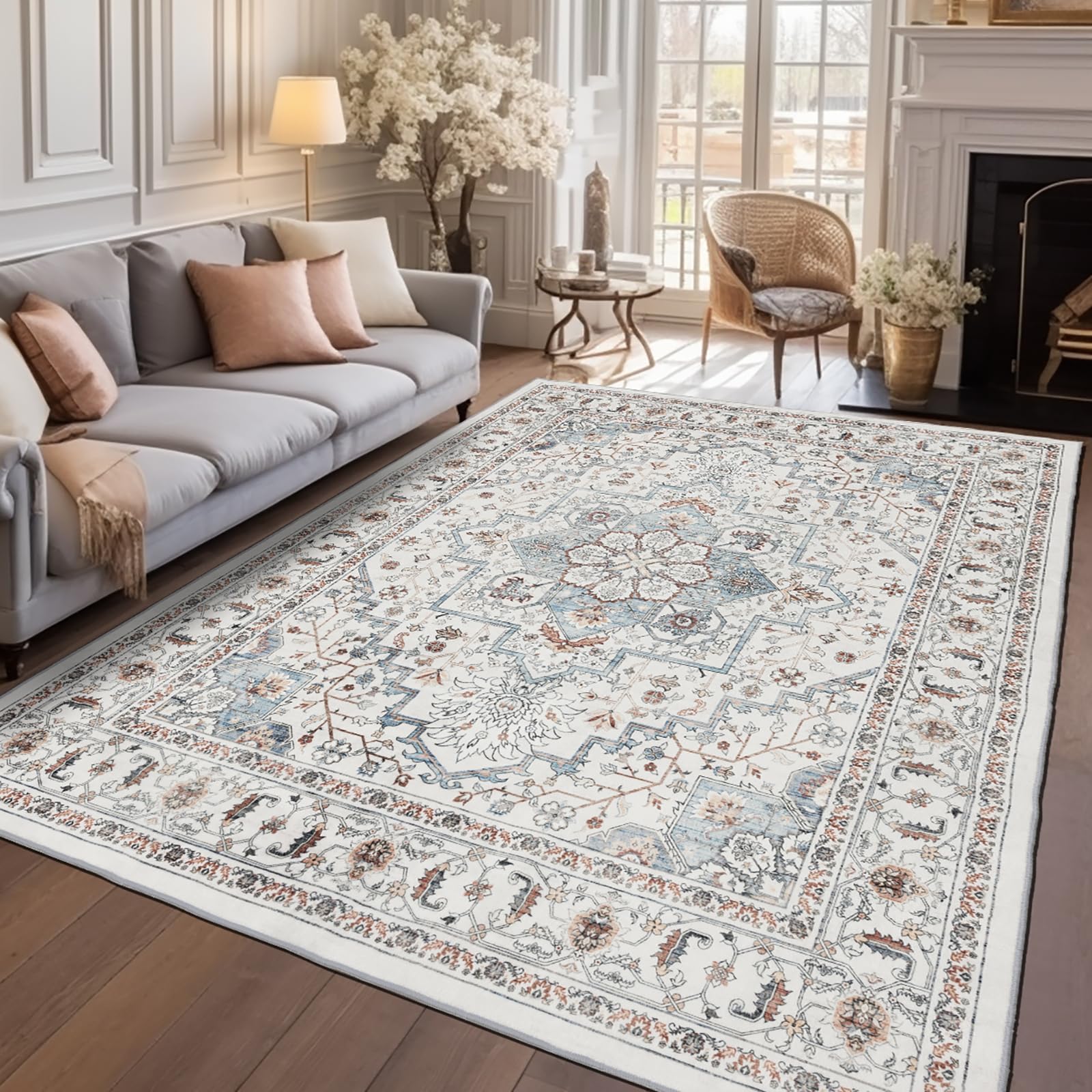 Area Rug for Living Room, Indoor Machine Washable Rug for Bedroom Vintage Rug Dinning Room Floor Carpet Non-Slip Backing Rugs Floral Soft Low-Pile Office Rug (Blue, 8' × 10')