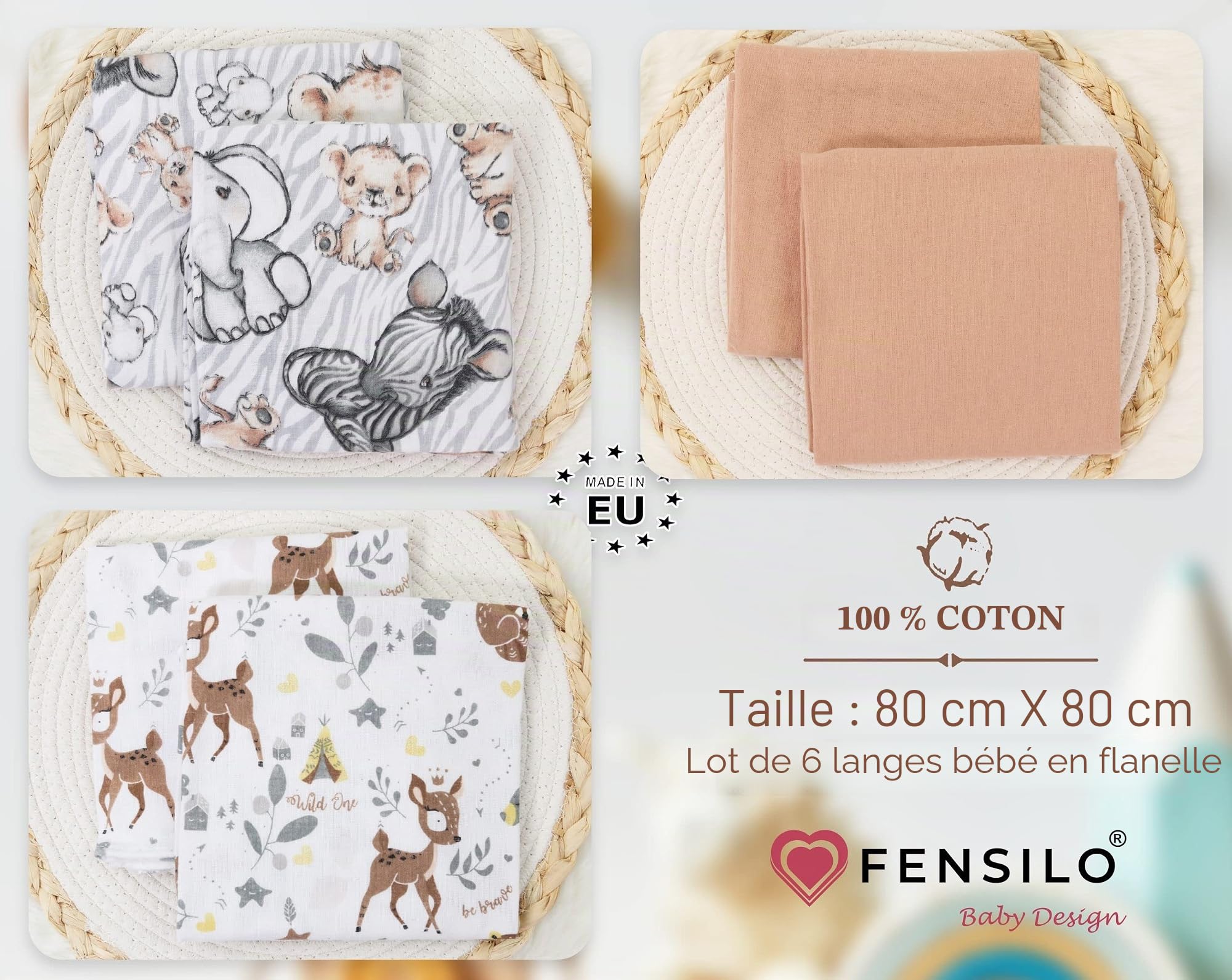 FENSILO Torchons en Flanelle Molleton - Paquet de 6 Couches 100% Coton, 80x80 cm, Motif Animal CERF pour Bébé Unisexe