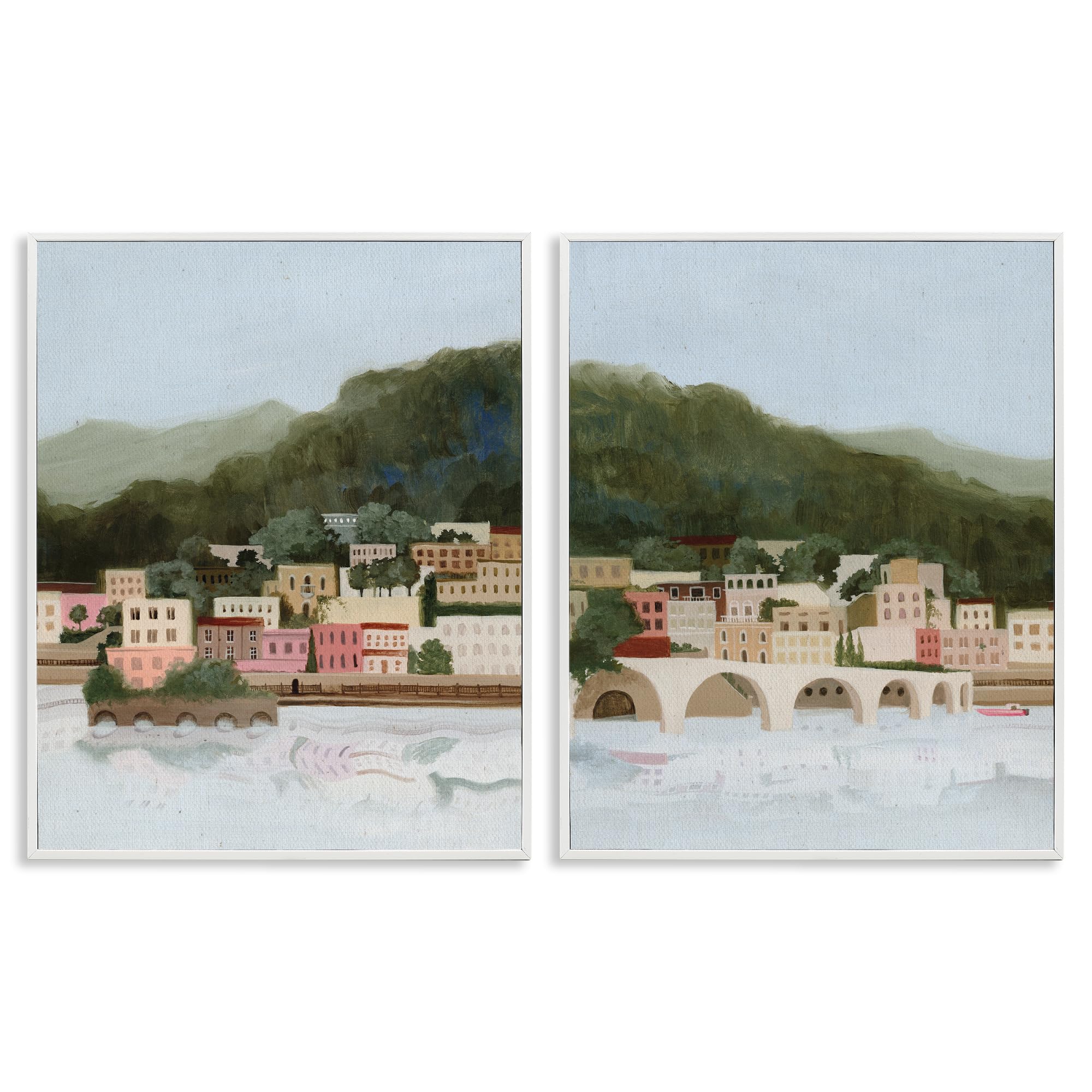 Stupell Industries Coastal White (Textured) Mountain Town By Sea Scenic, 24 X 30 Inch Framed Giclée Print Set