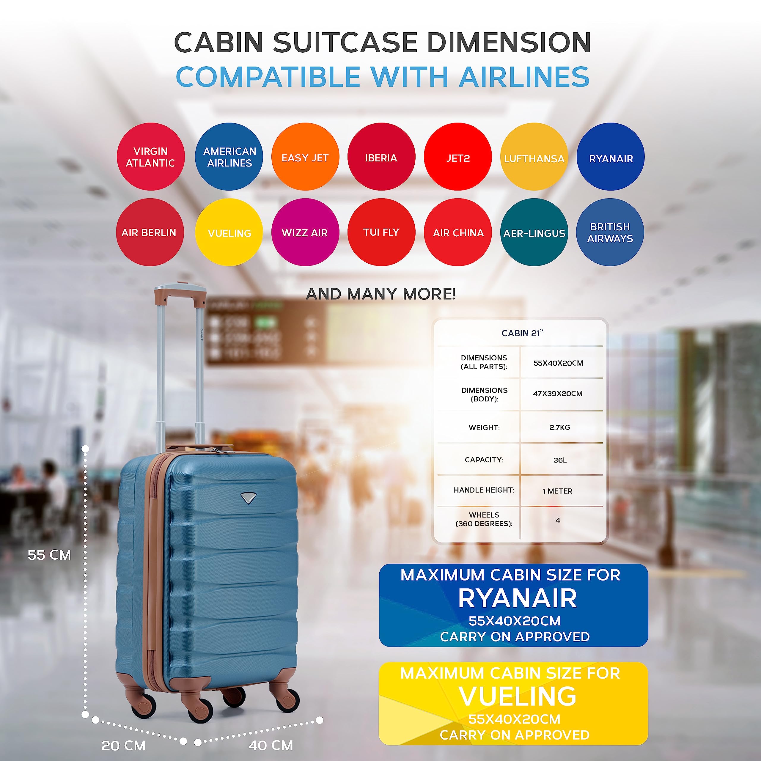 Flight Knight 55x40x20 Ryanair Priority Cabin Suitcase, Also for EasyJet, Jet2, Lightweight,ABS Hard Shell, Durable 4-Wheel Cabin Case, Carry-On Size 10kg Hand Luggage, Travel Bag- 55 x 40 x 20
