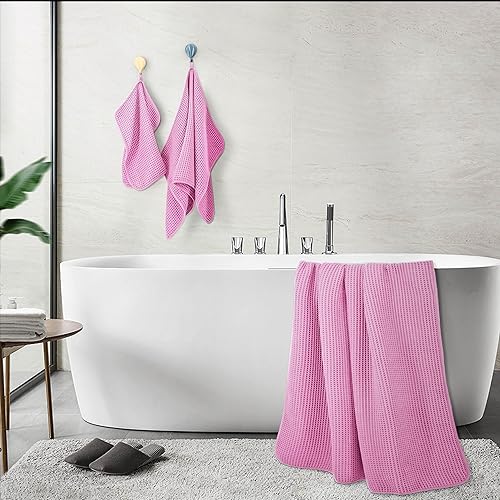 Miniatura 5 de POLYTE Oversize, 60 x 30 pulgadas, juego de toallas de baño de microfibra de secado rápido, sin pelusas, 6 piezas (rosa, tejido de gofre)